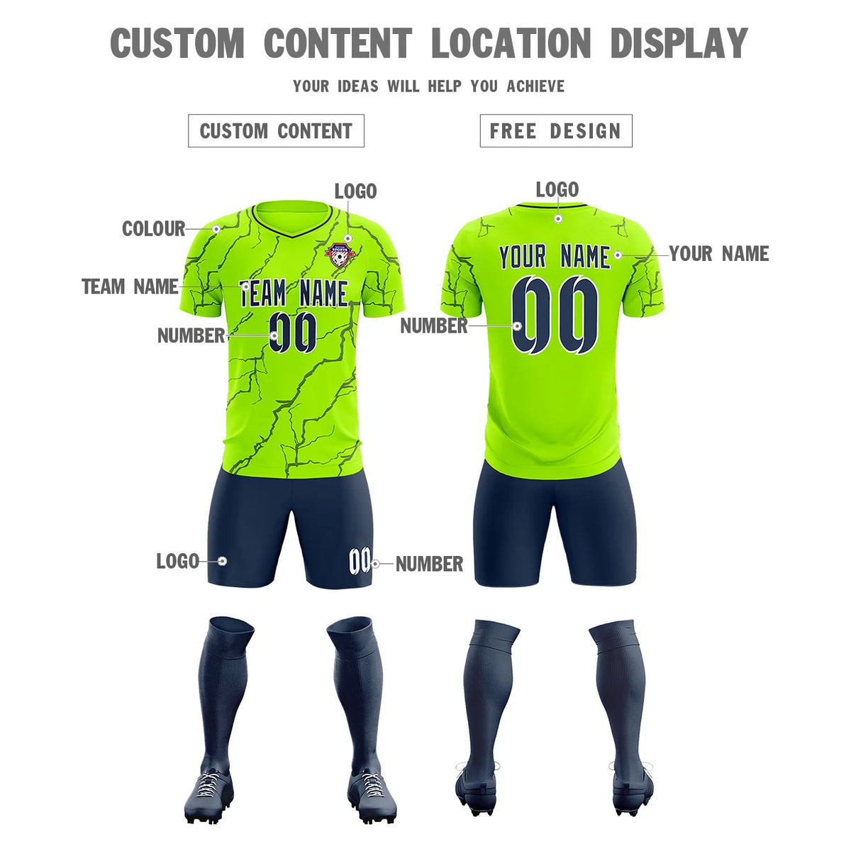 Custom Neon Green Navy Training Uniform Soccer Sets Jersey