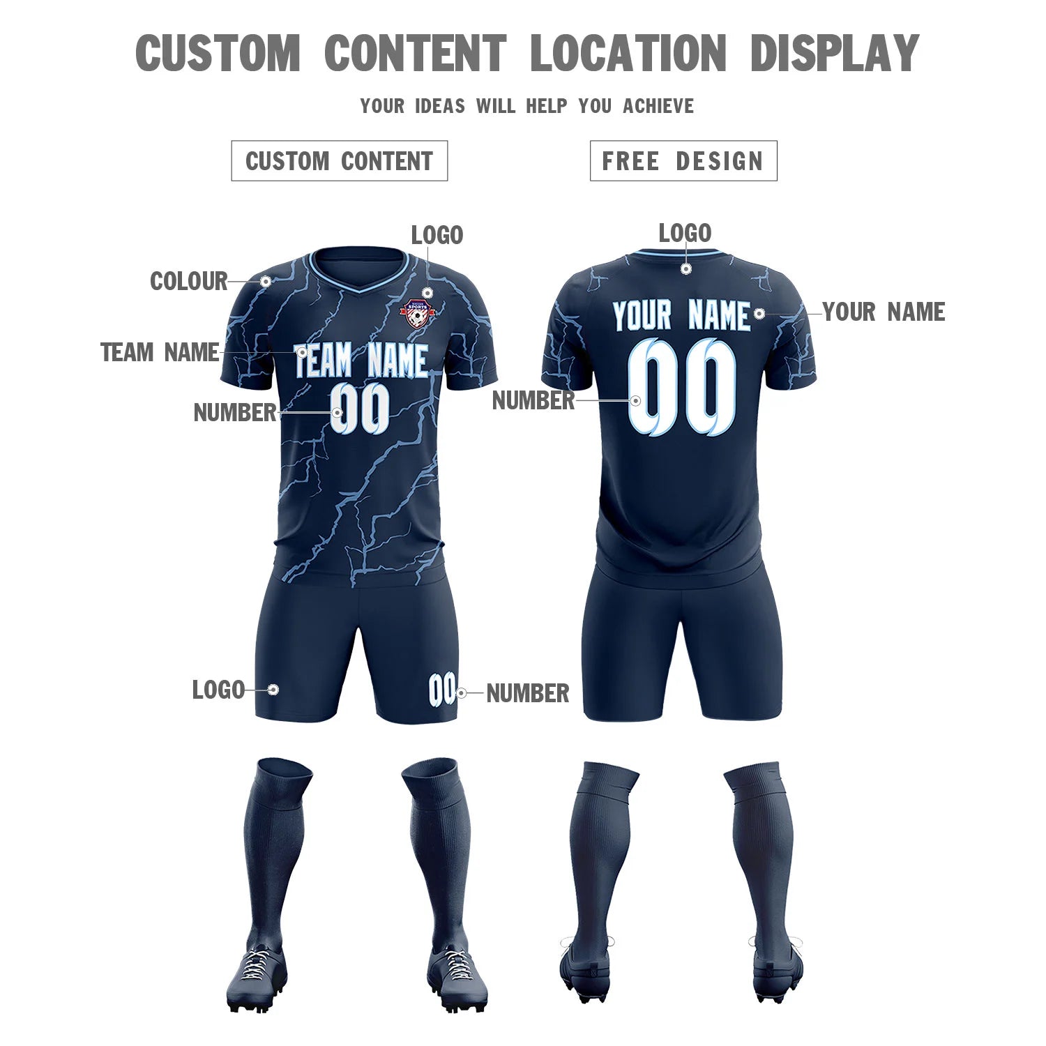 Custom Navy Light Blue Training Uniform Soccer Sets Jersey