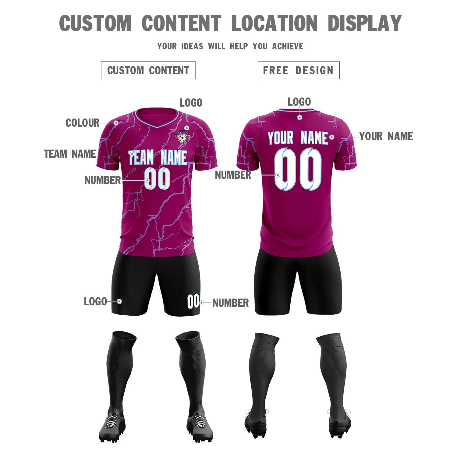 Custom Dark Pink Light Blue Training Uniform Soccer Sets Jersey