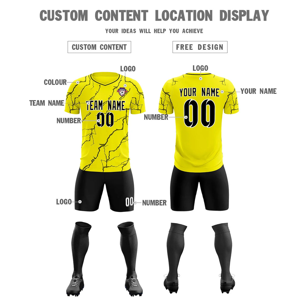 Custom Yellow Black Training Uniform Soccer Sets Jersey