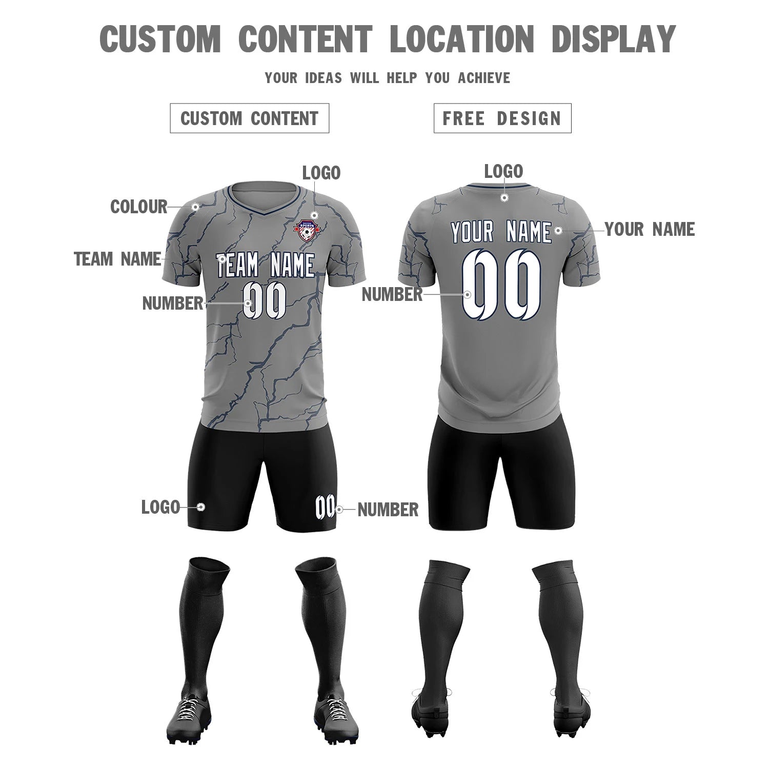 Custom Gray Navy Training Uniform Soccer Sets Jersey