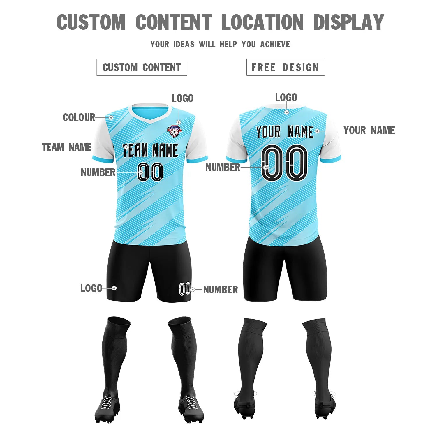 Custom Light Blue White Casual Sport Soccer Sets Jersey