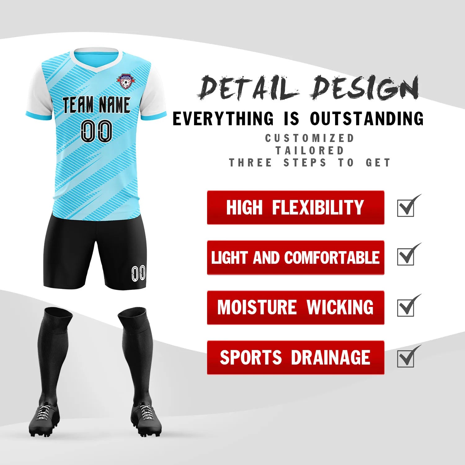 Custom Light Blue White Casual Sport Soccer Sets Jersey