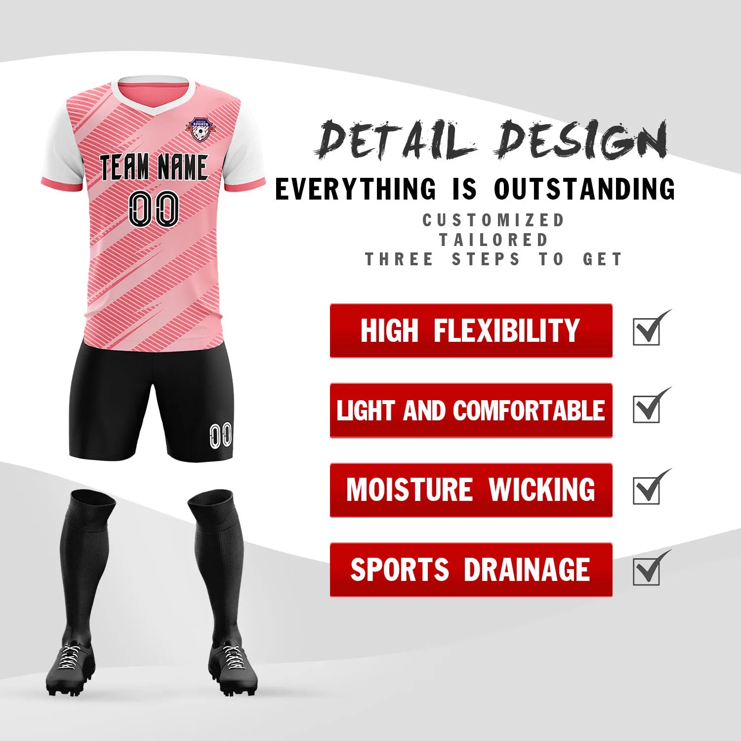 Custom Light Red White Casual Sport Soccer Sets Jersey