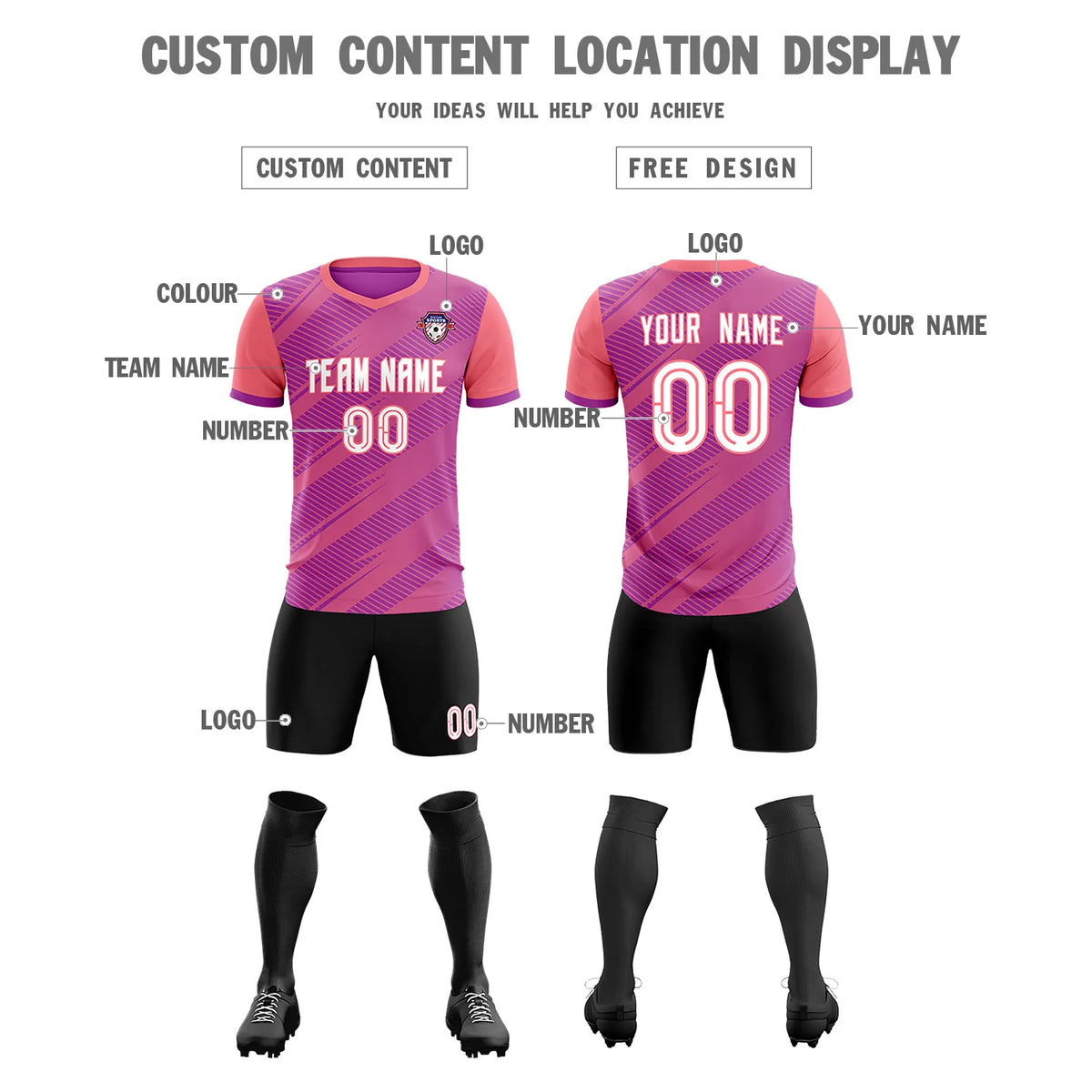 Custom Pink Light Red Casual Sport Soccer Sets Jersey