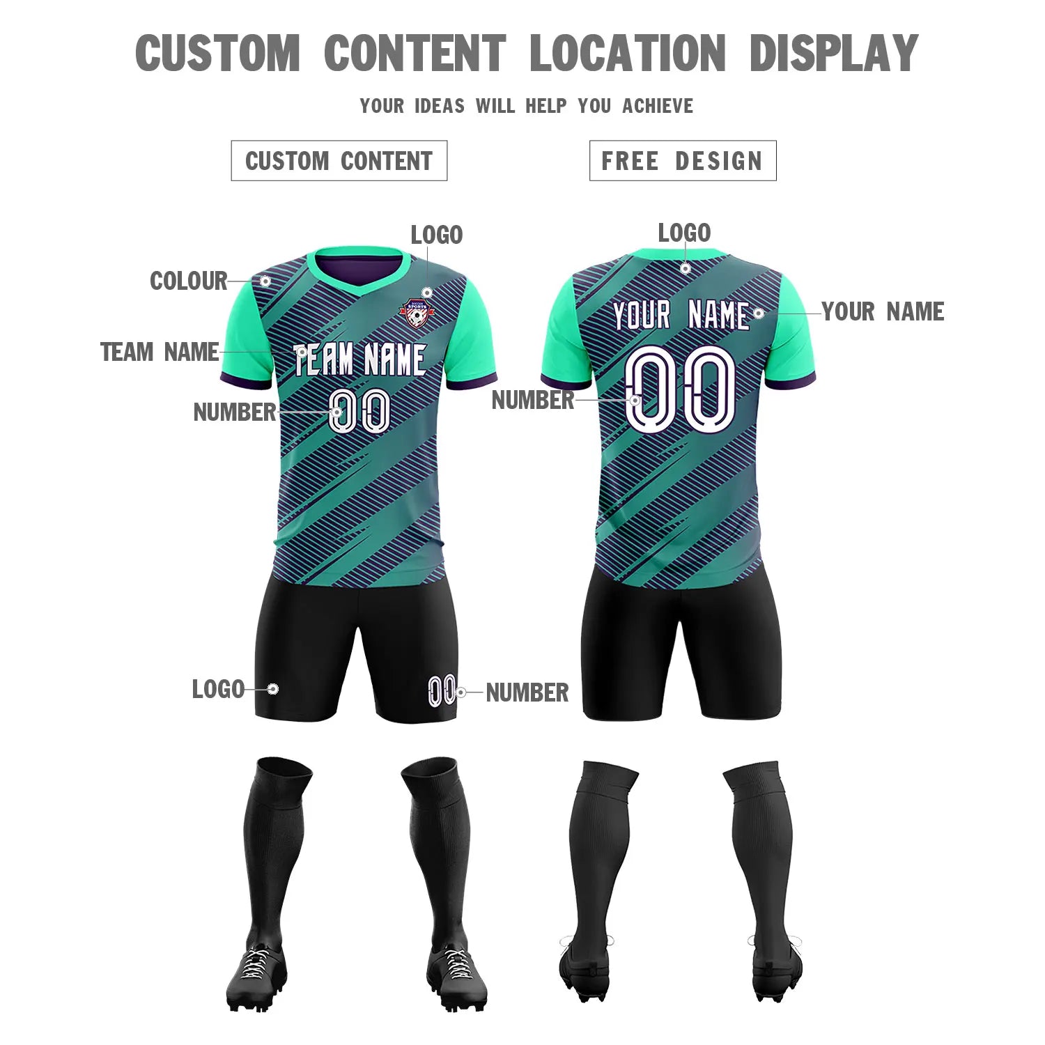 Custom Dark Purple Green Casual Sport Soccer Sets Jersey