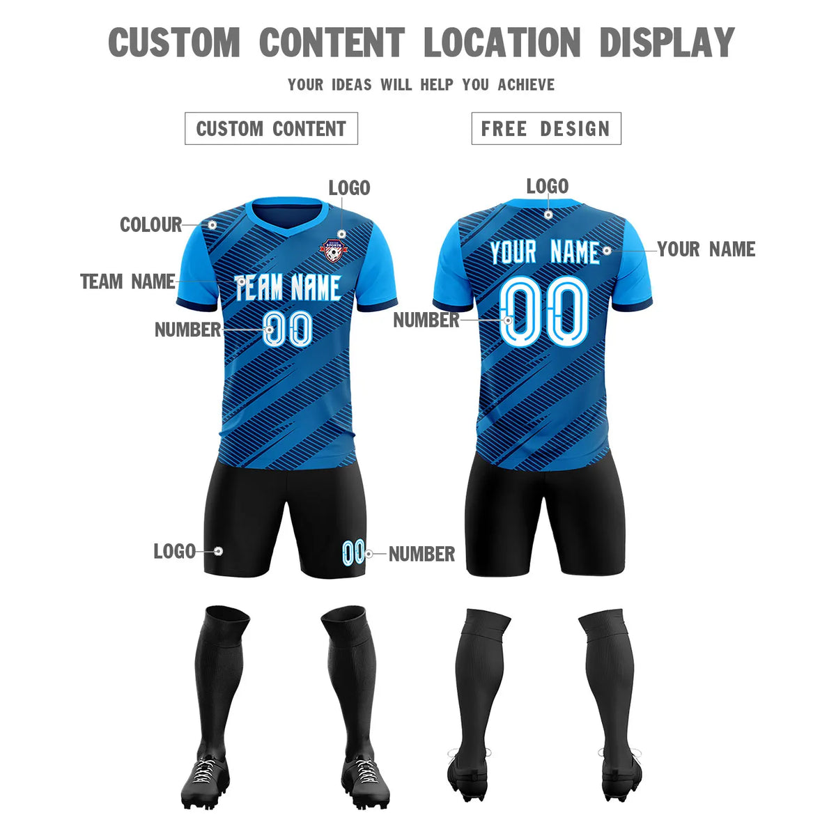 Custom Navy Powder Blue Casual Sport Soccer Sets Jersey