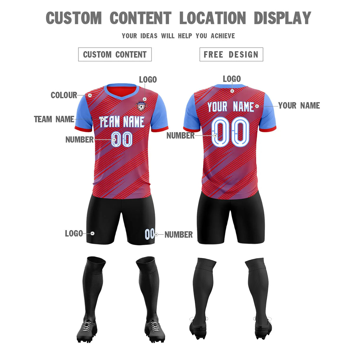 Custom Red Light Blue Casual Sport Soccer Sets Jersey