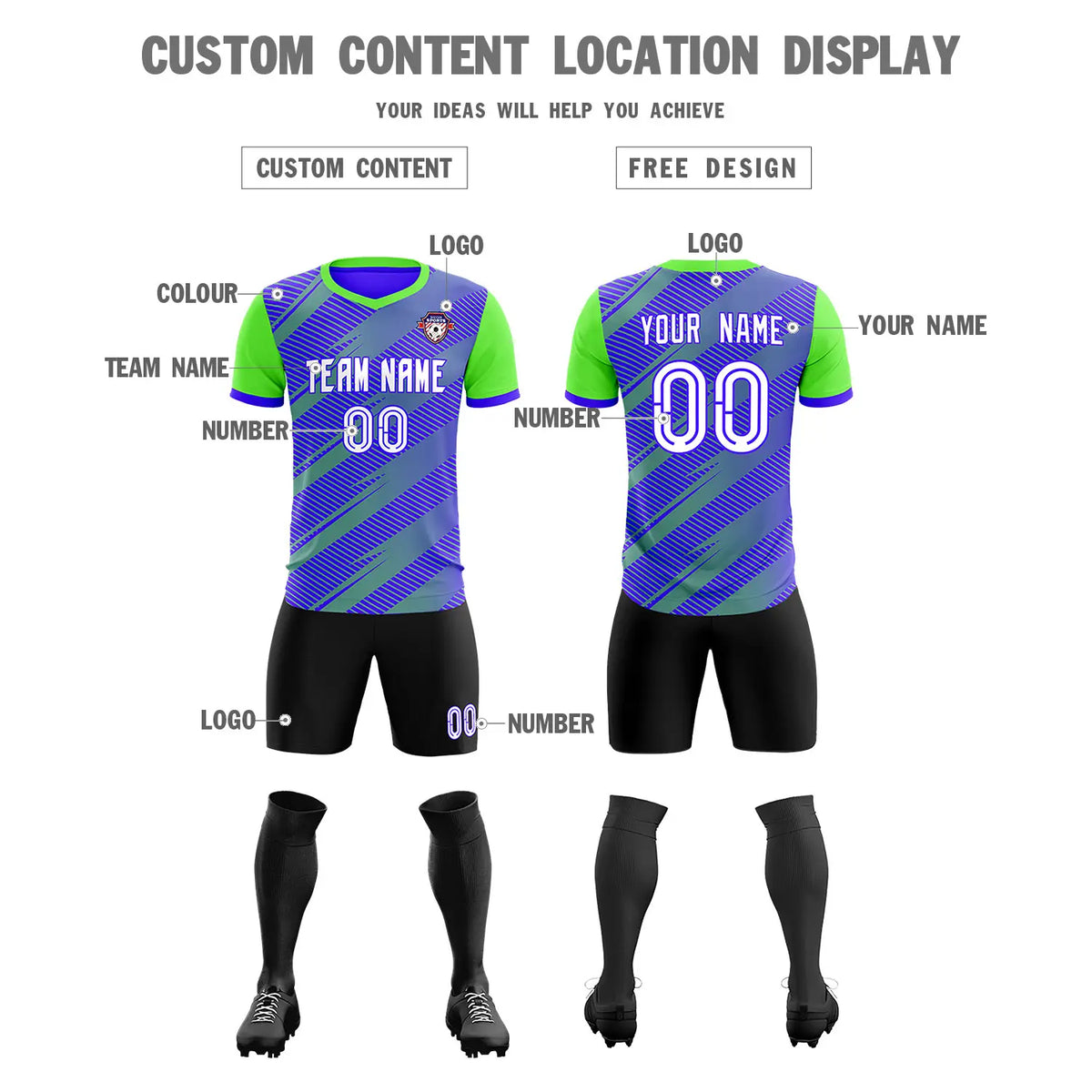 Custom Royal Blue Neon Green Casual Sport Soccer Sets Jersey