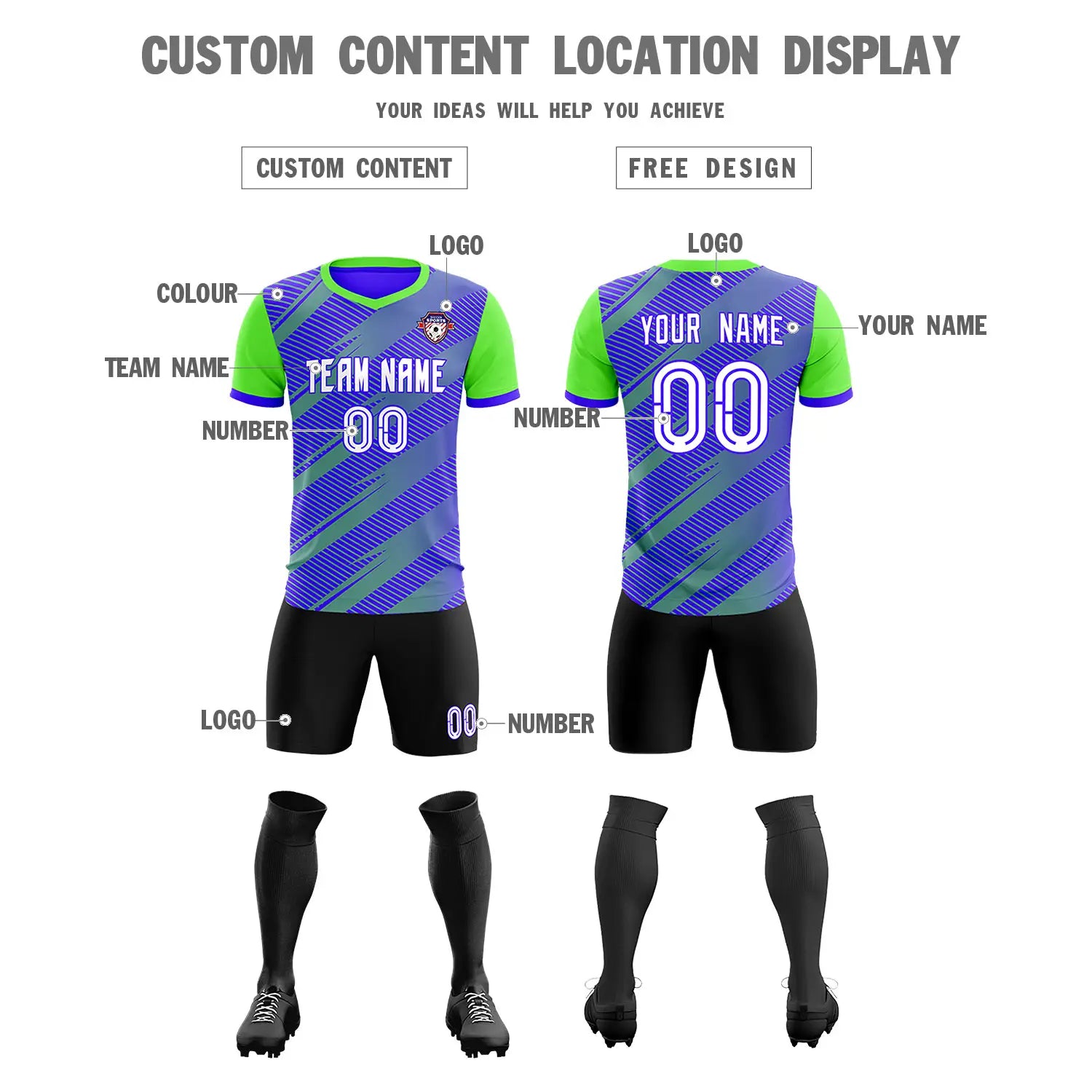 Custom Royal Blue Neon Green Casual Sport Soccer Sets Jersey