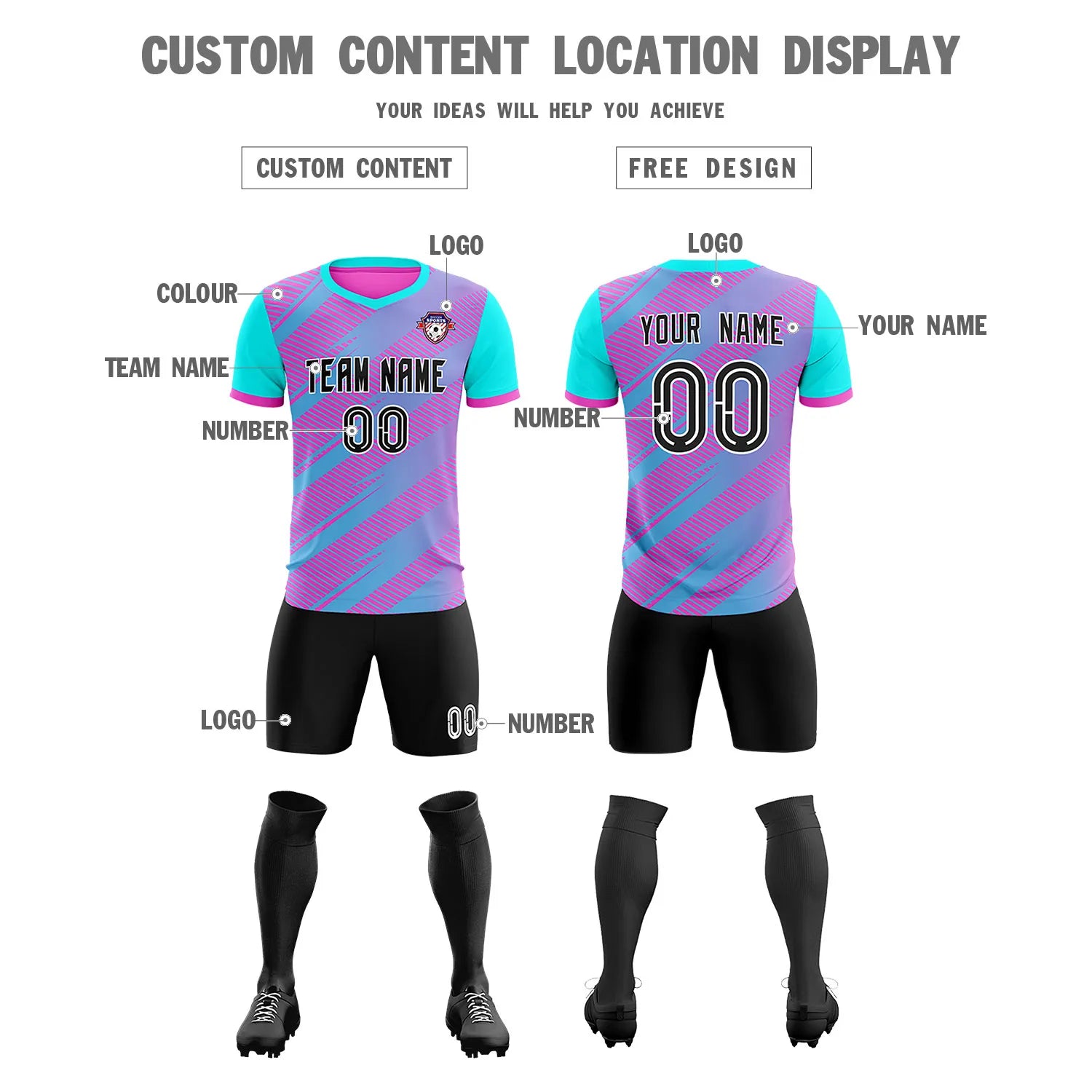 Custom Pink Sky Blue Casual Sport Soccer Sets Jersey