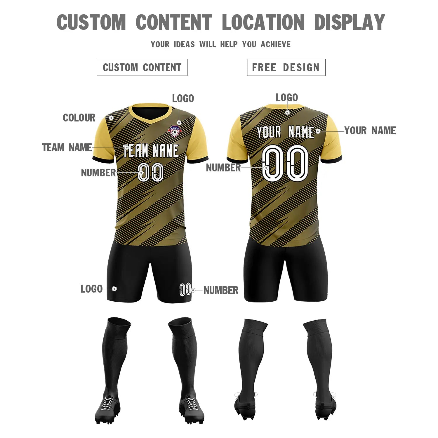 Custom Black Khaki Casual Sport Soccer Sets Jersey