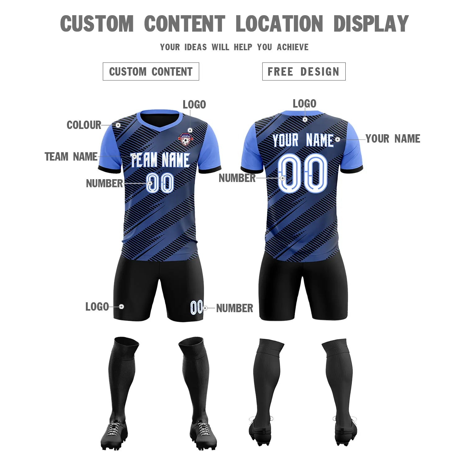 Custom Black Light Blue Casual Sport Soccer Sets Jersey