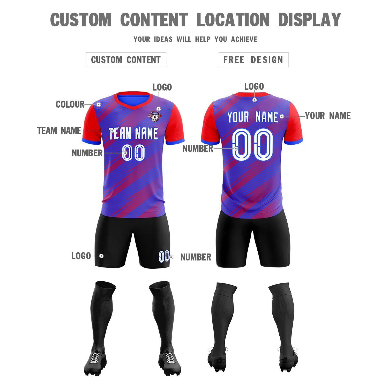 Custom Royal Blue Red Casual Sport Soccer Sets Jersey