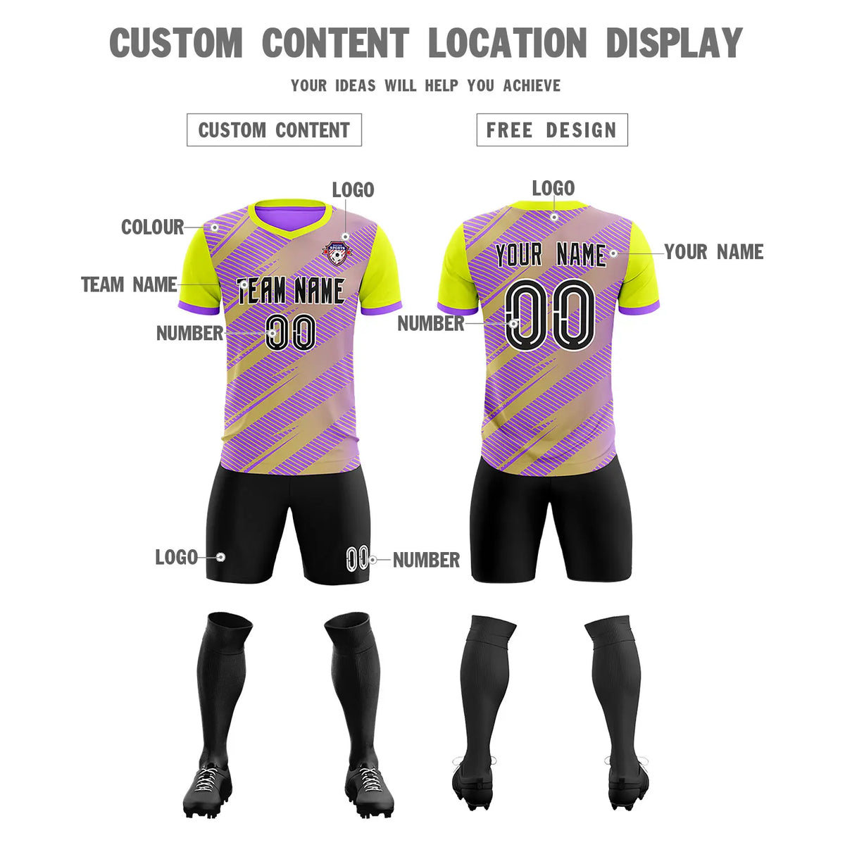 Custom Light Purple Yellow Casual Sport Soccer Sets Jersey