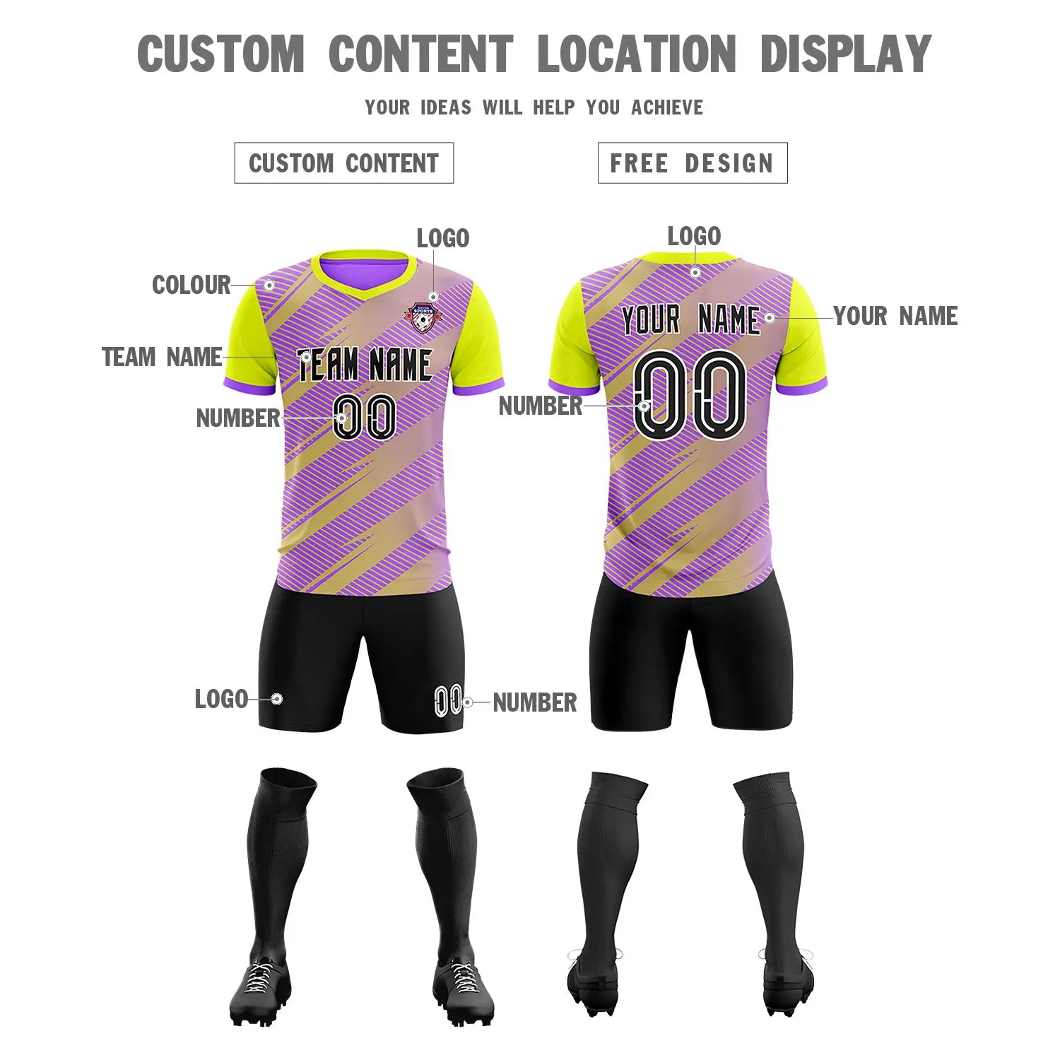 Custom Light Purple Yellow Casual Sport Soccer Sets Jersey