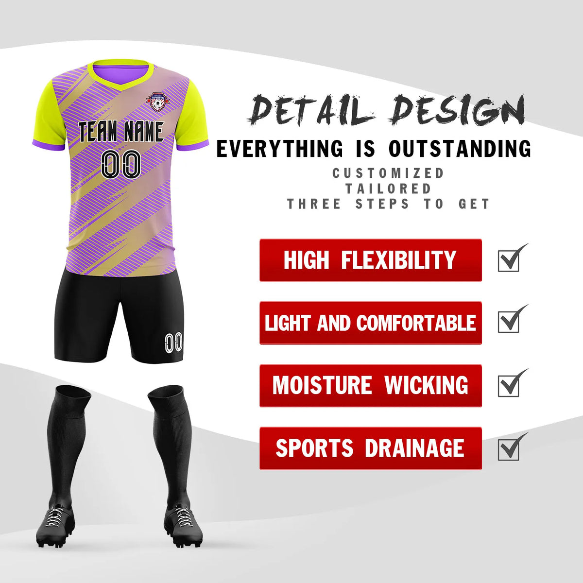 Custom Light Purple Yellow Casual Sport Soccer Sets Jersey