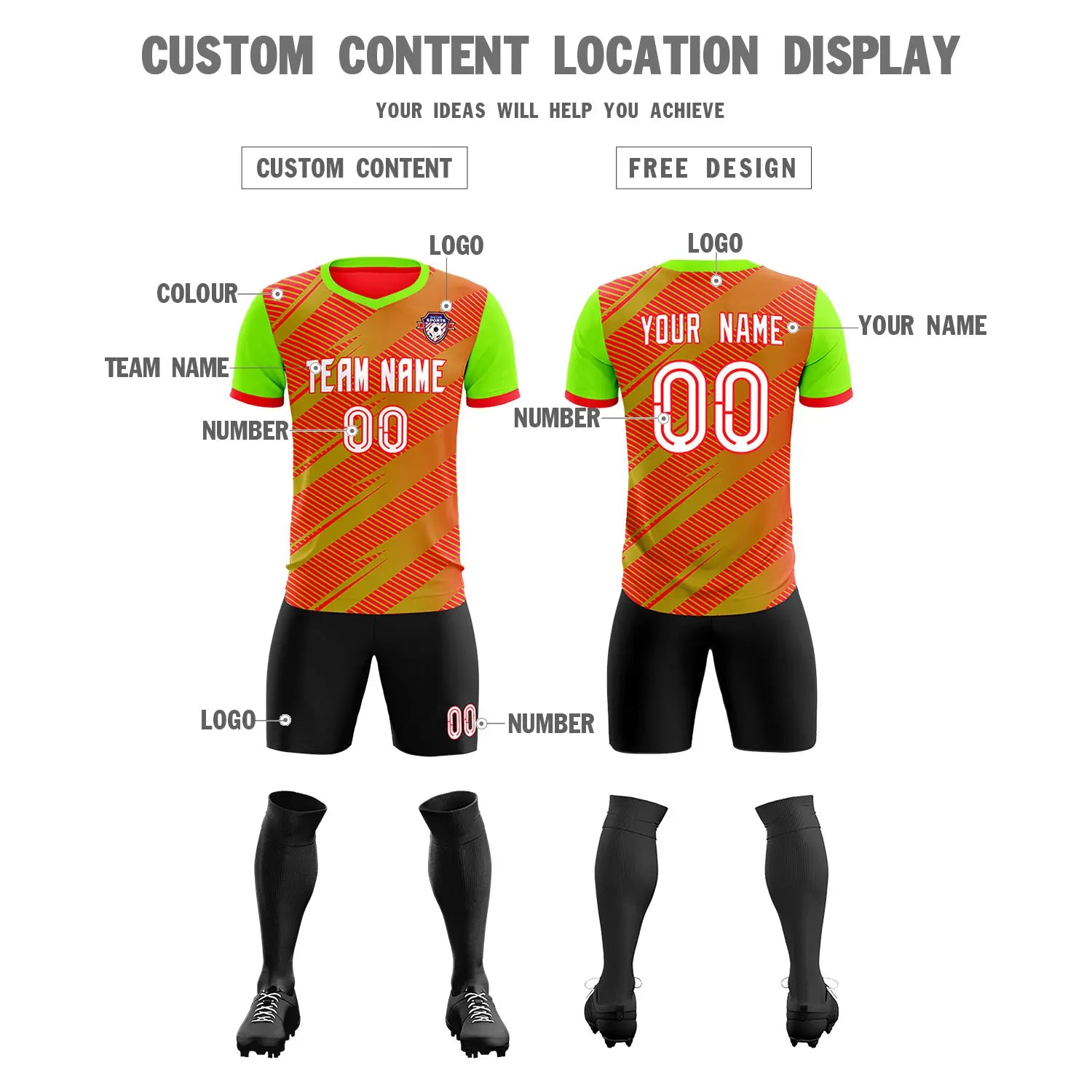 Custom Red Neon Green Casual Sport Soccer Sets Jersey