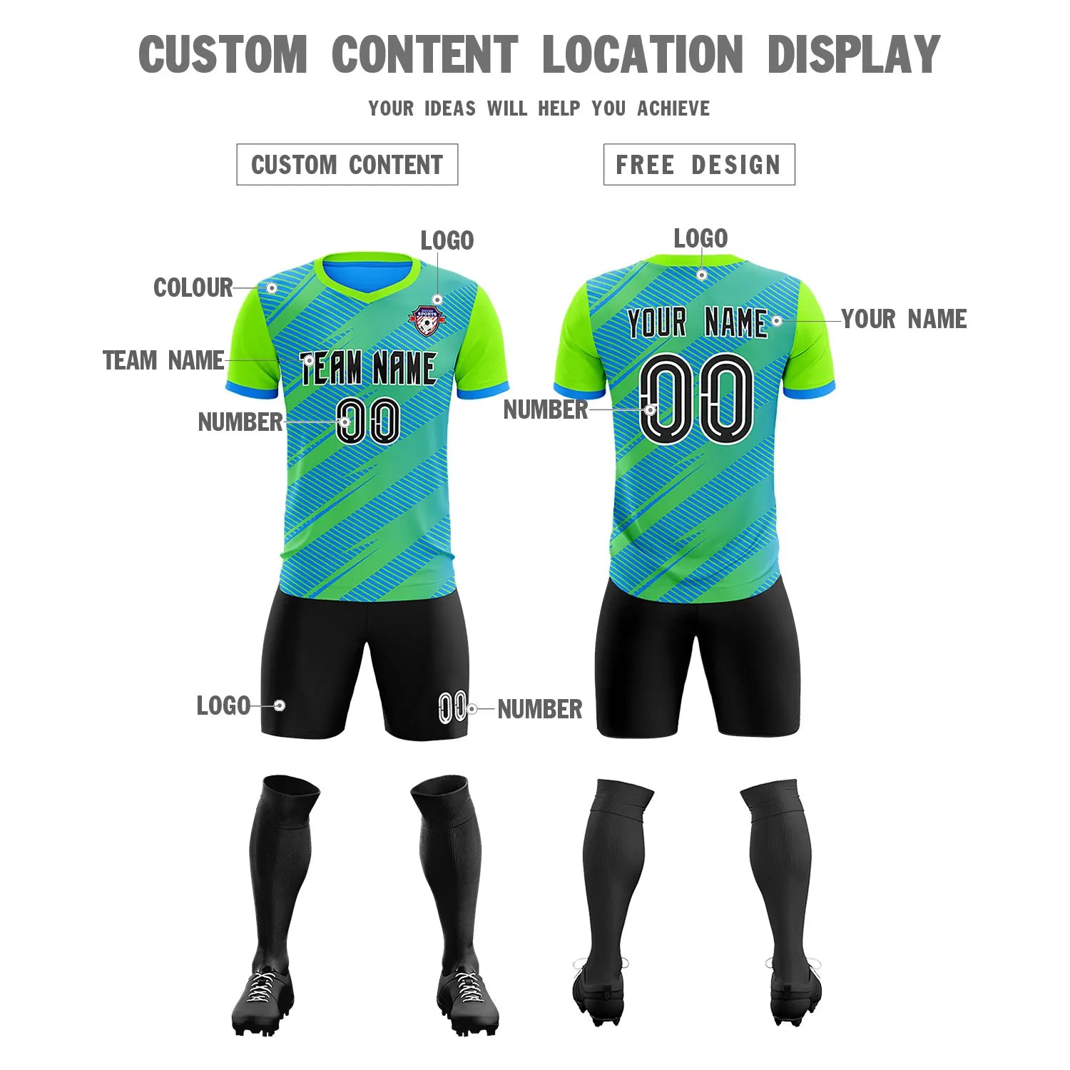 Custom Powder Blue Neon Green Casual Sport Soccer Sets Jersey