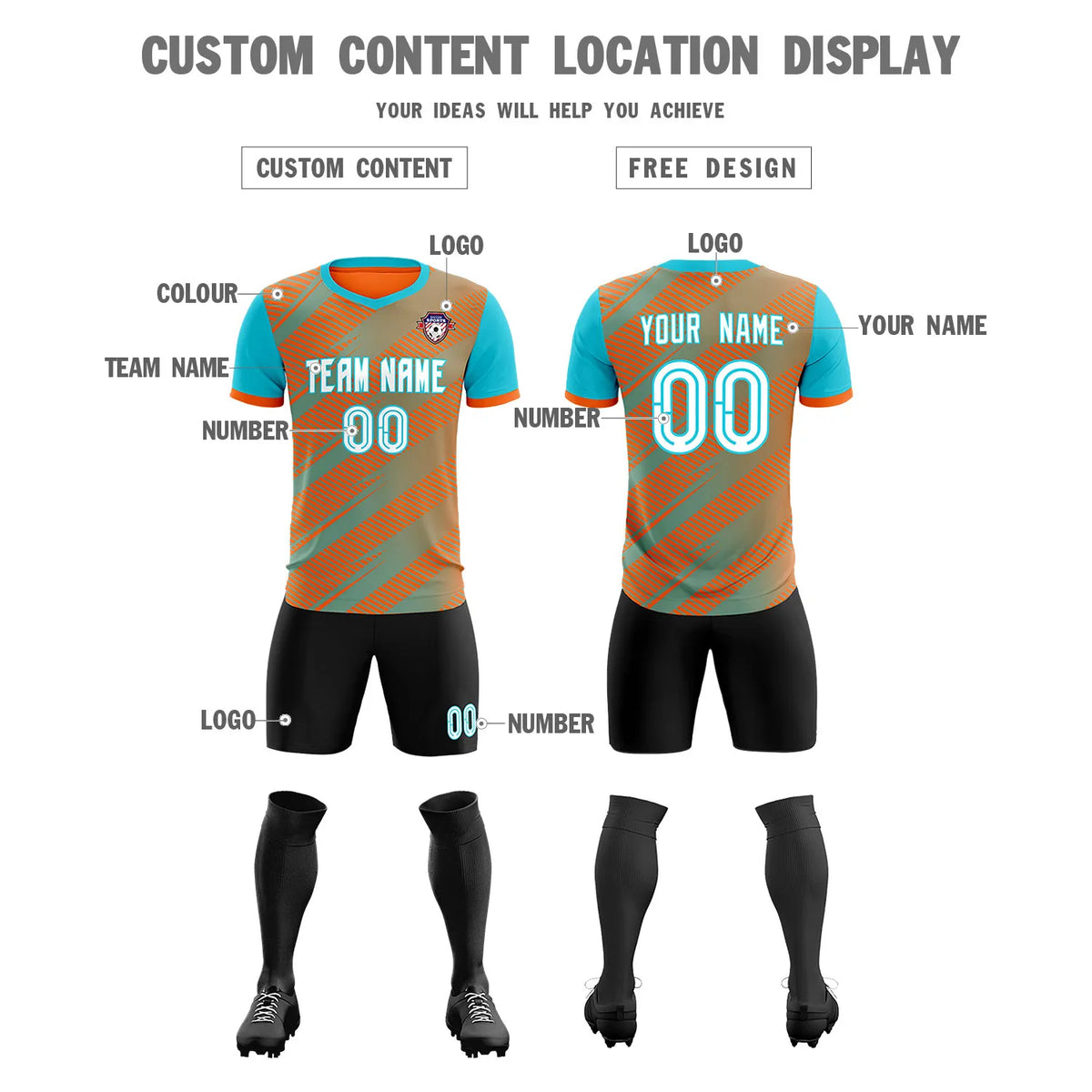 Custom Orange Aqua Casual Sport Soccer Sets Jersey