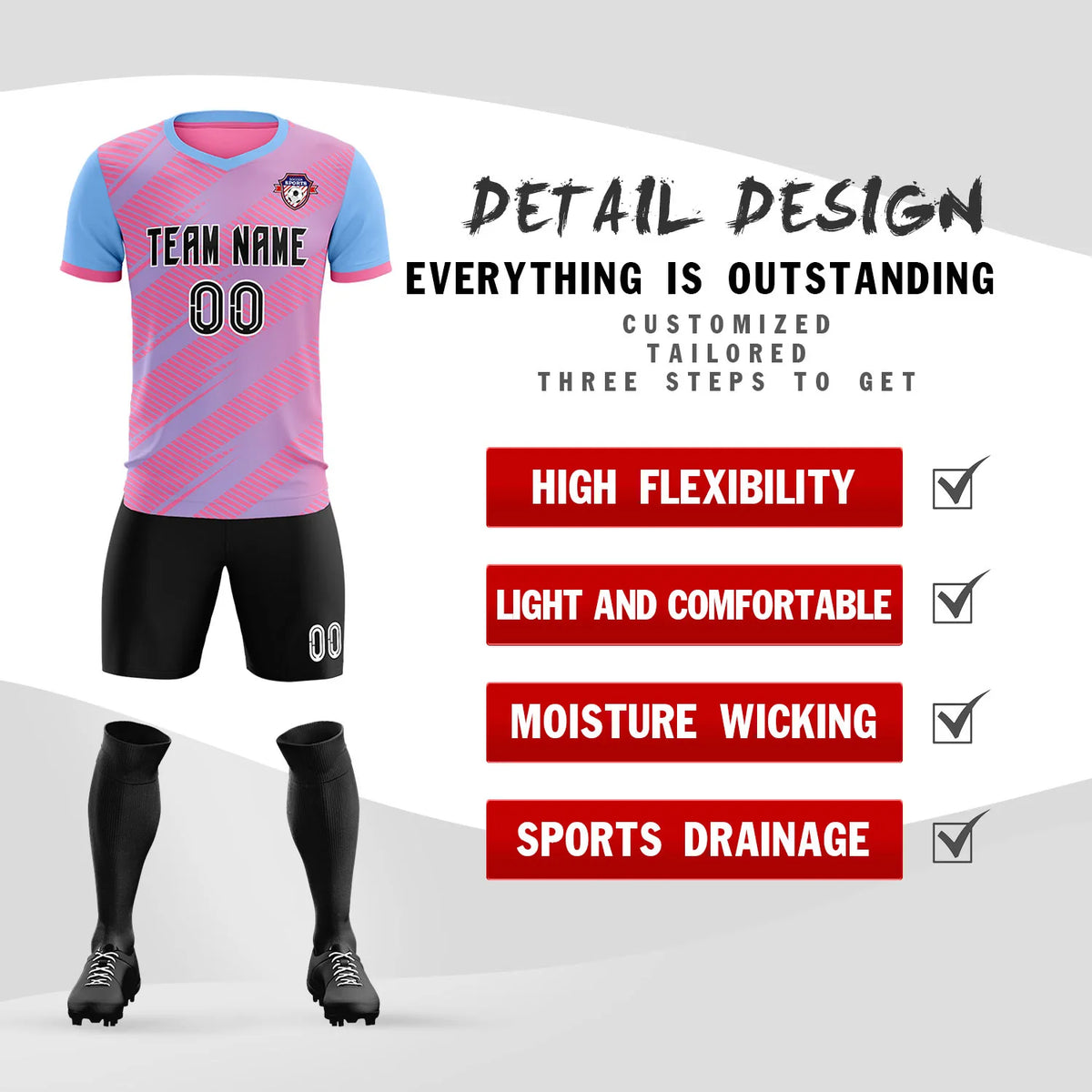 Custom Pink Light Blue Casual Sport Soccer Sets Jersey
