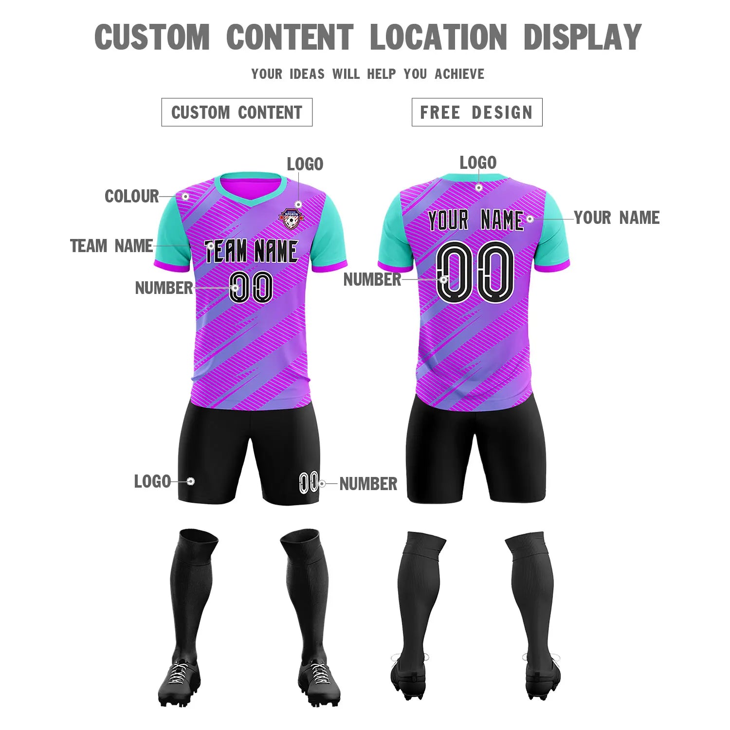 Custom Purple Bright Green Casual Sport Soccer Sets Jersey