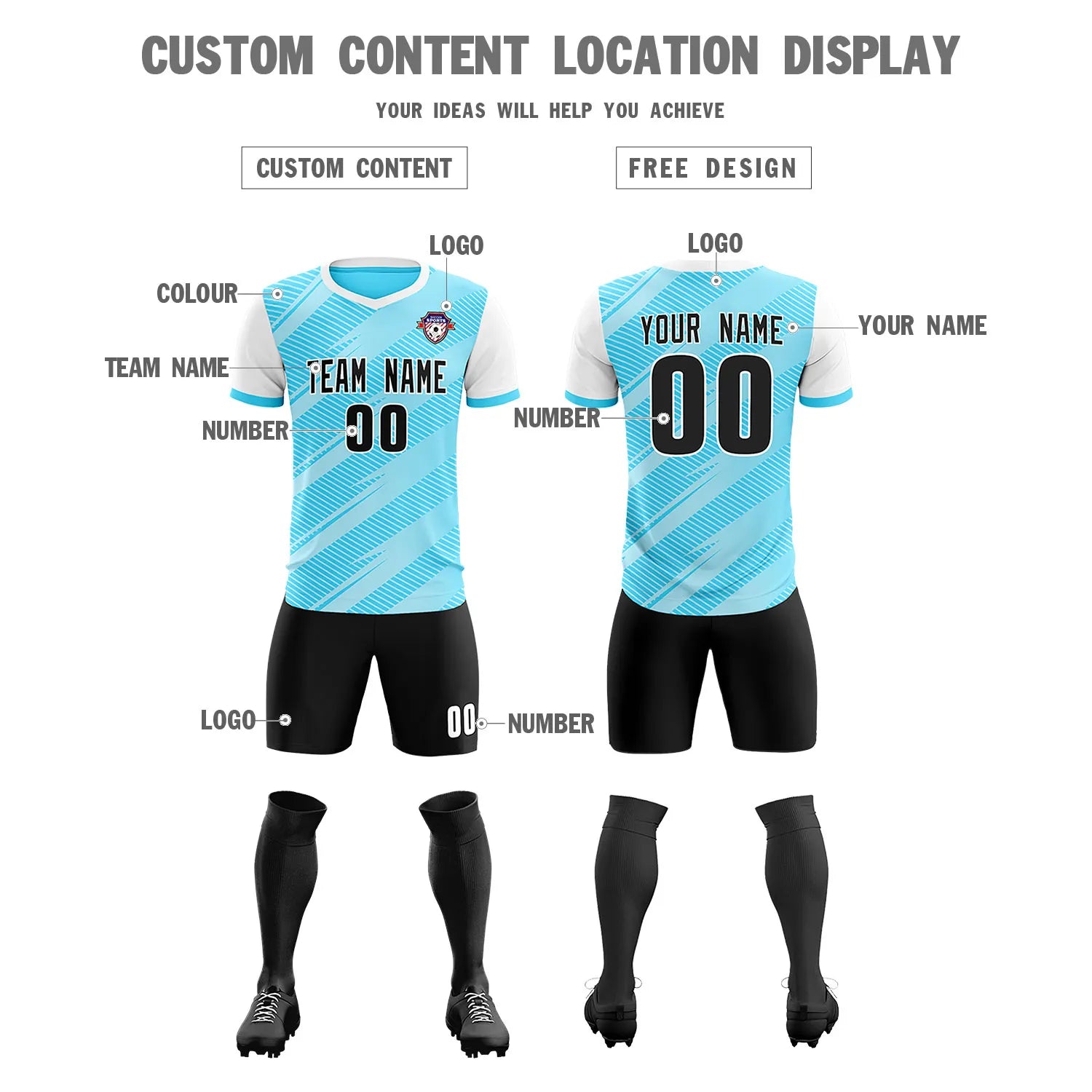 Custom Light Blue White Casual Sport Soccer Sets Jersey