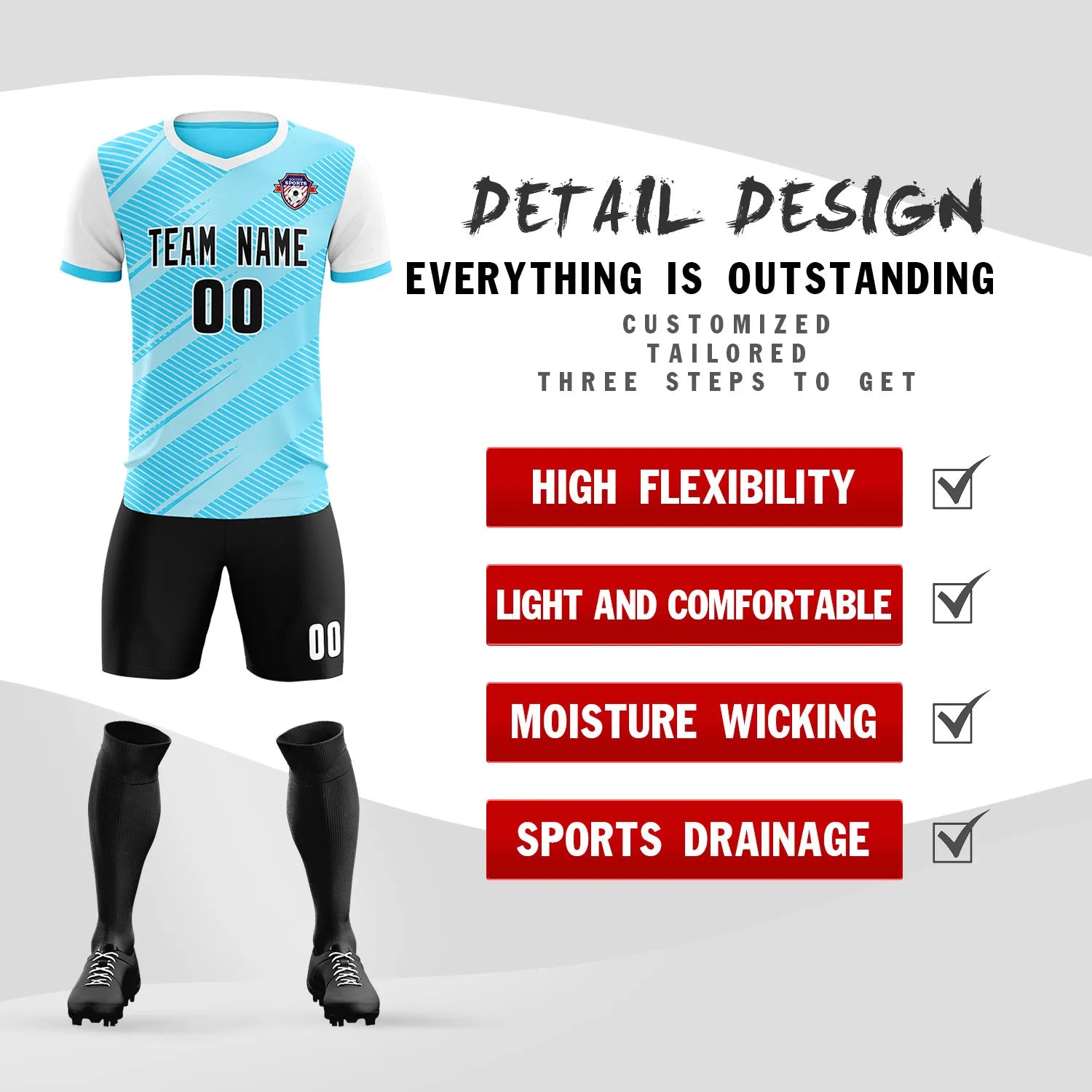 Custom Light Blue White Casual Sport Soccer Sets Jersey