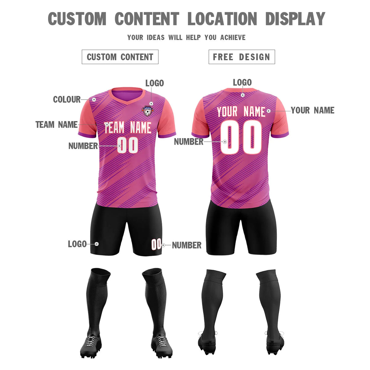Custom Pink Light Red Casual Sport Soccer Sets Jersey