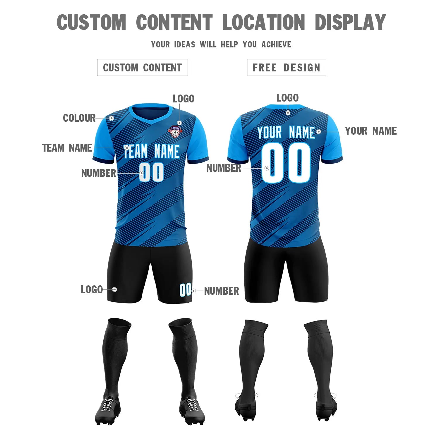 Custom Navy Powder Blue Casual Sport Soccer Sets Jersey
