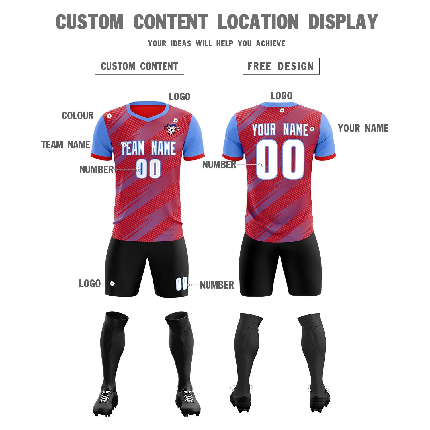 Custom Red Light Blue Casual Sport Soccer Sets Jersey