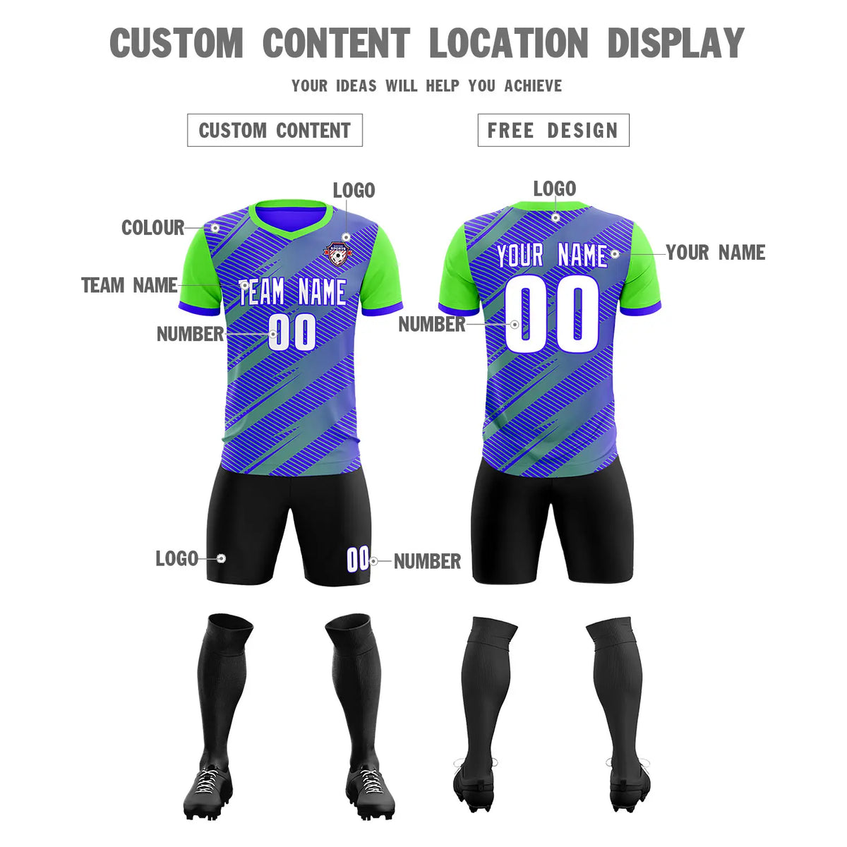 Custom Royal Blue Neon Green Casual Sport Soccer Sets Jersey