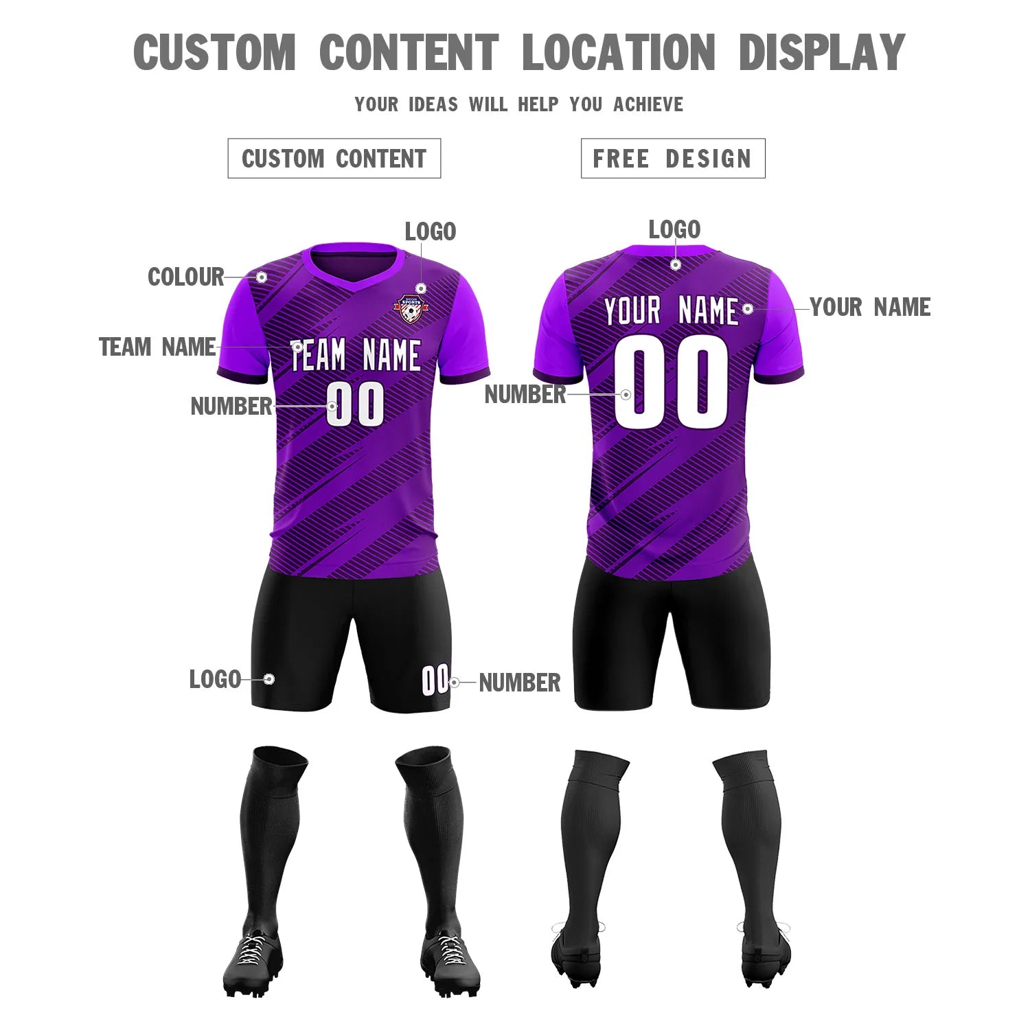 Custom Dark Purple Light Purple Casual Sport Soccer Sets Jersey