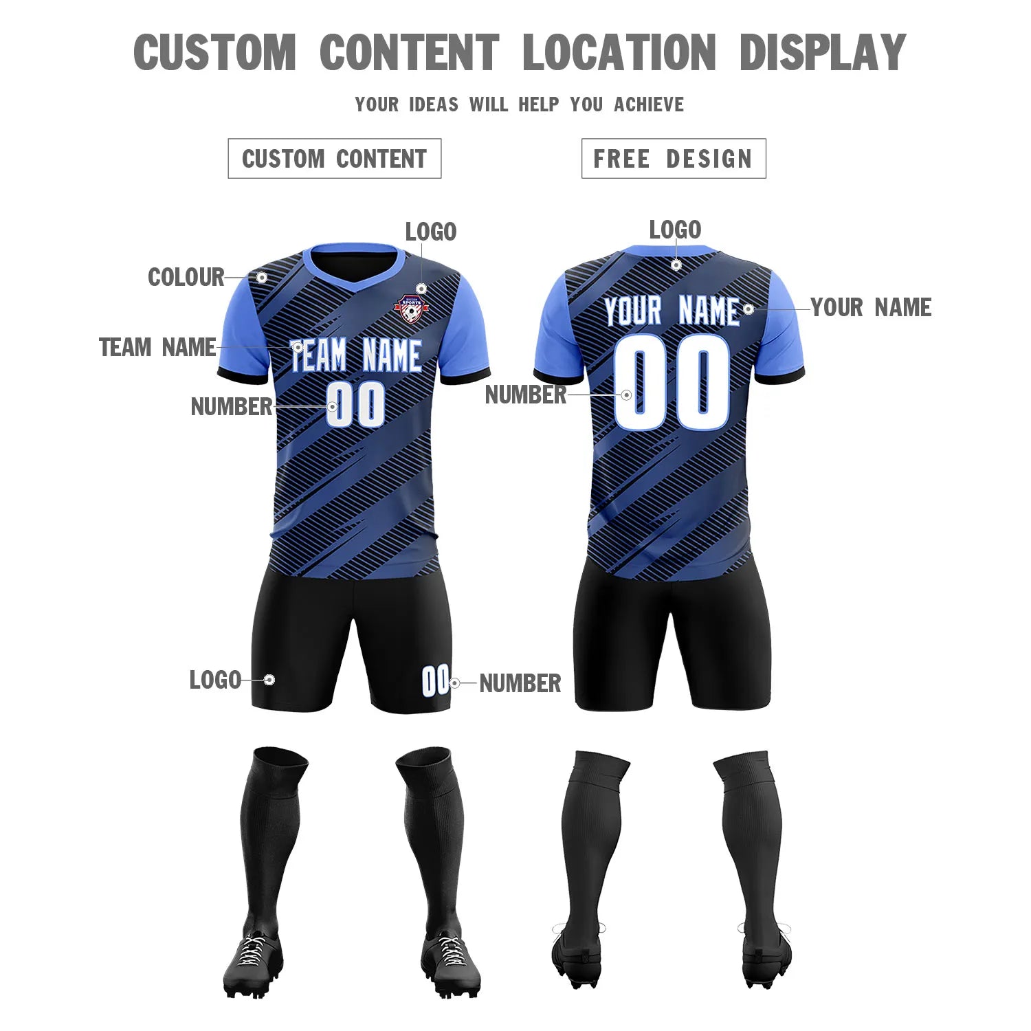 Custom Black Light Blue Casual Sport Soccer Sets Jersey