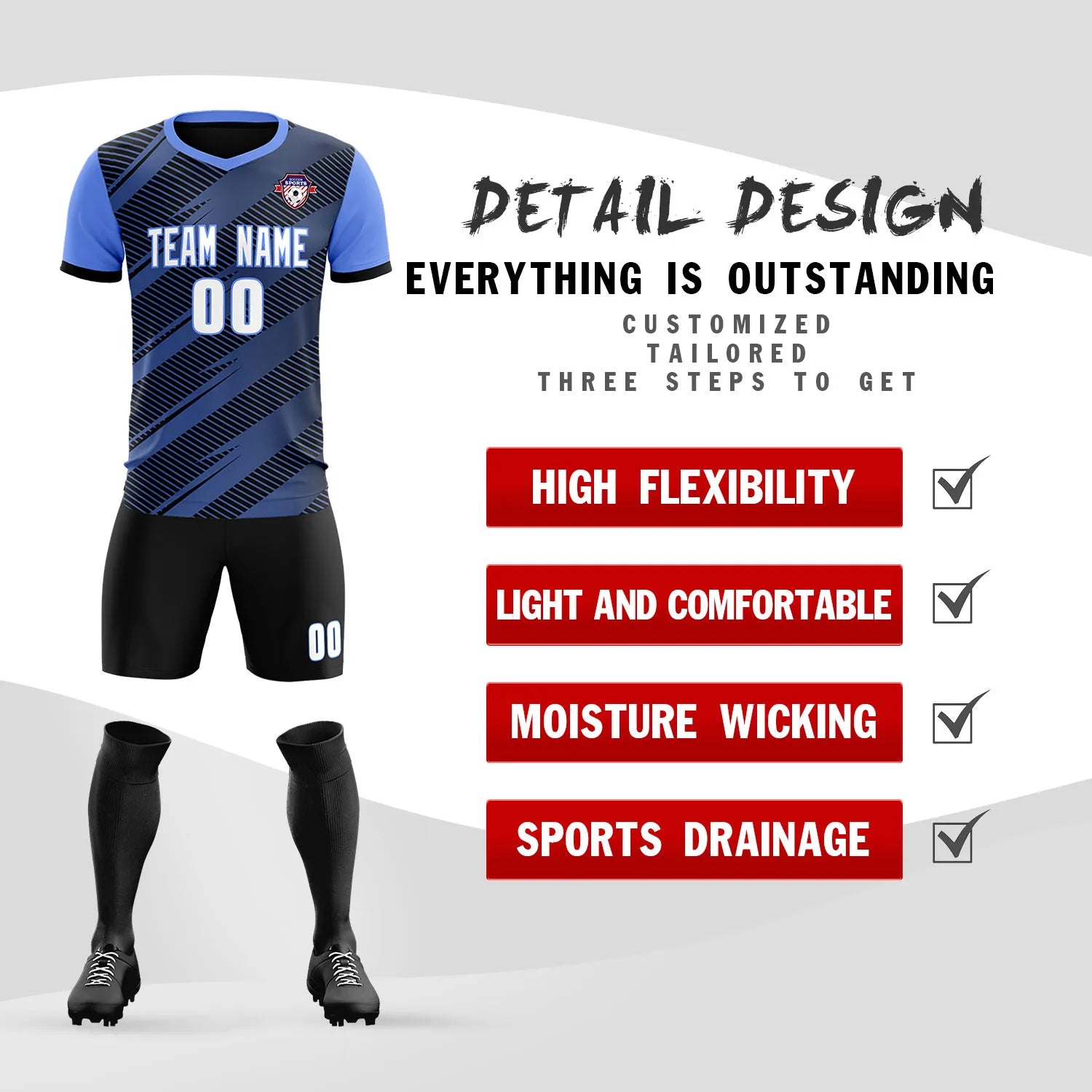 Custom Black Light Blue Casual Sport Soccer Sets Jersey