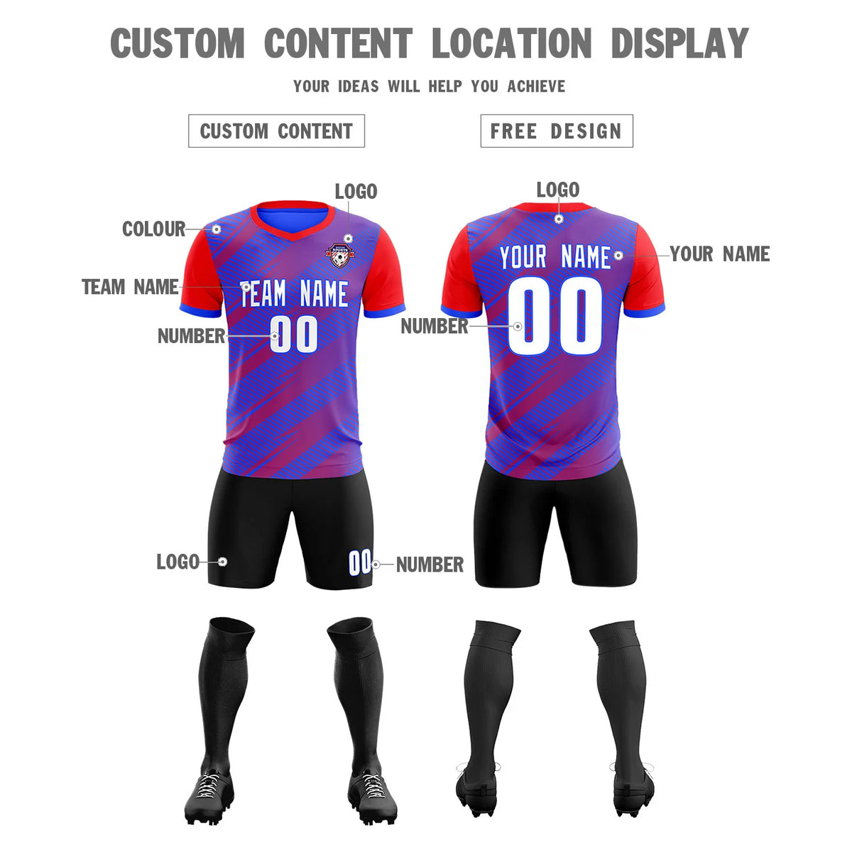 Custom Royal Blue Red Casual Sport Soccer Sets Jersey