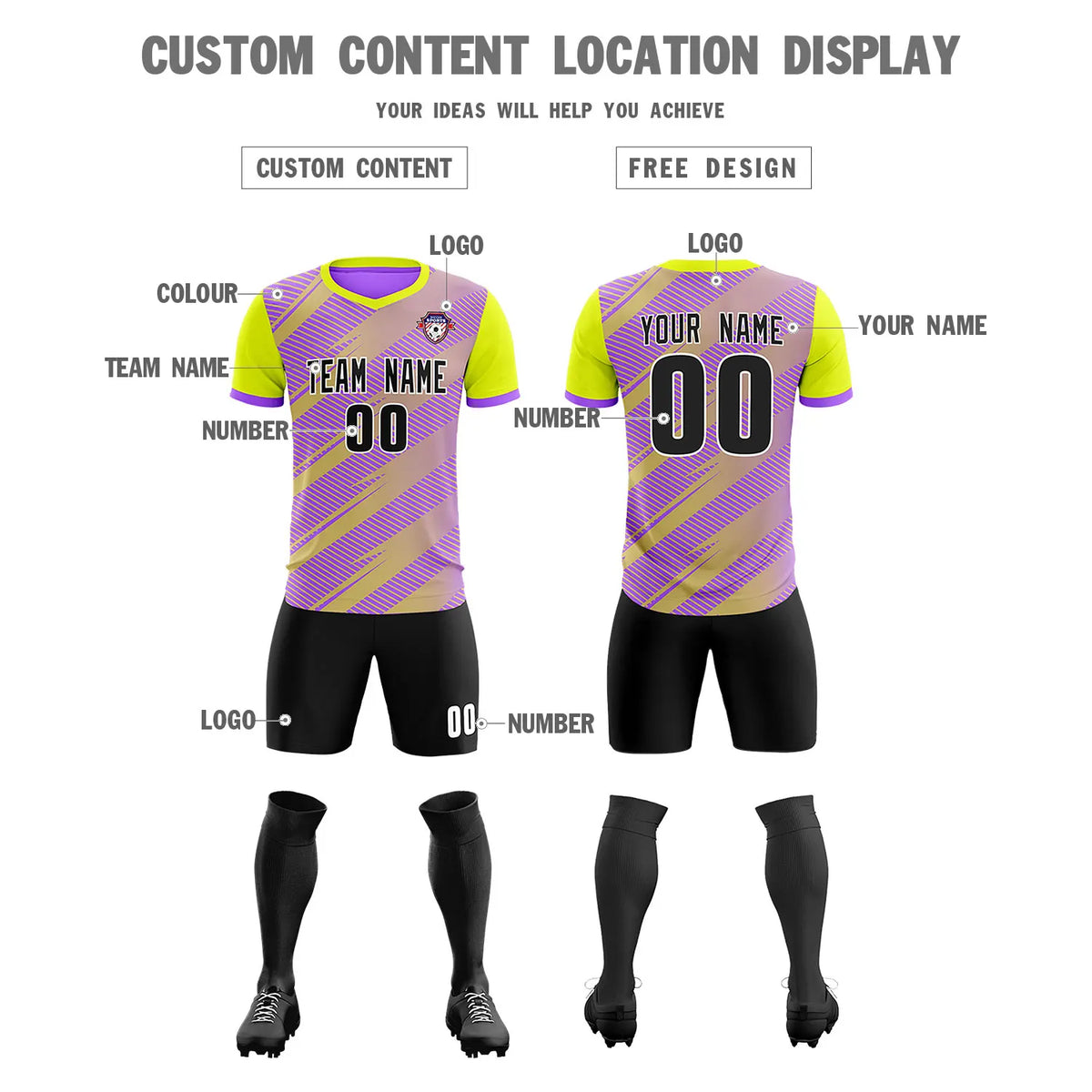 Custom Light Purple Yellow Casual Sport Soccer Sets Jersey