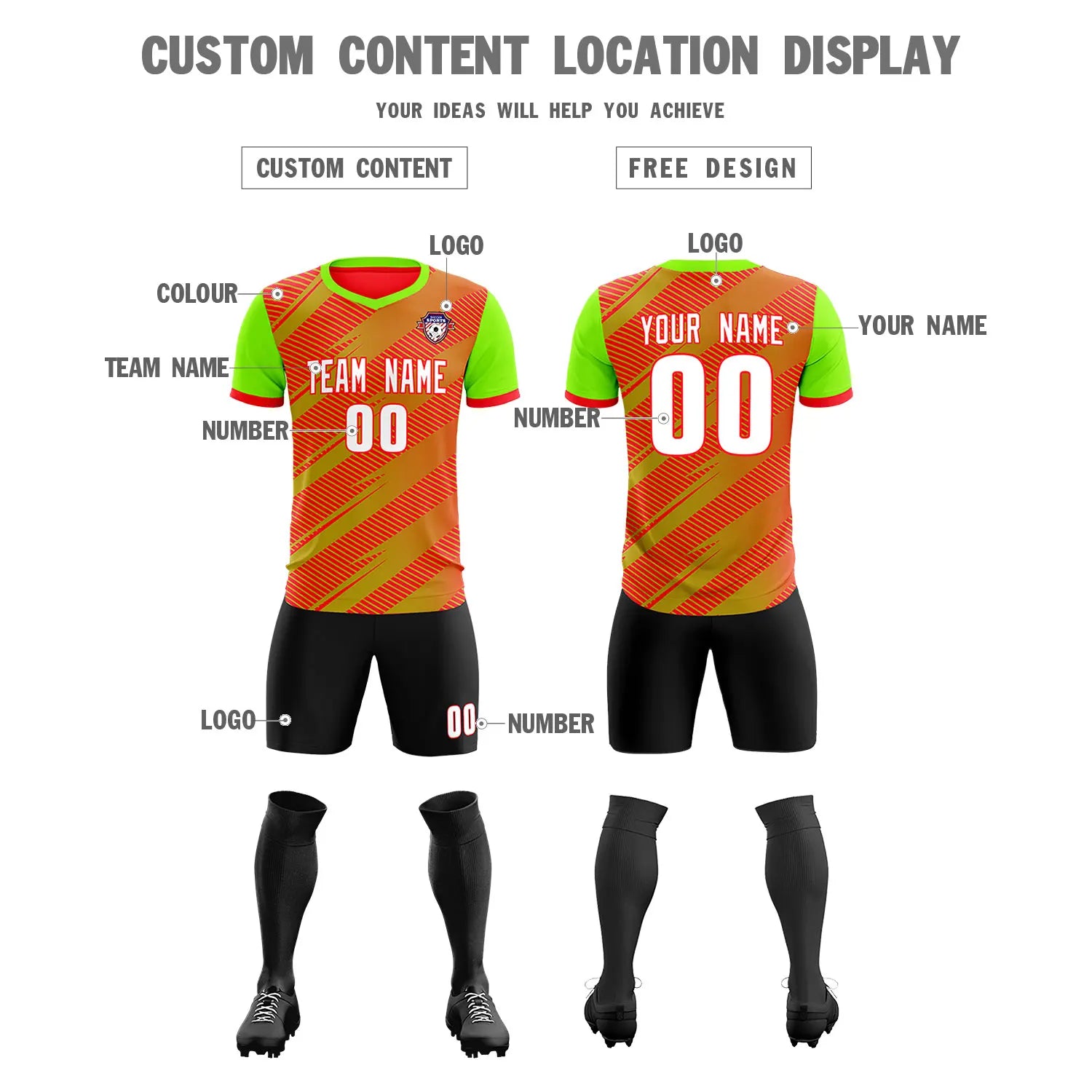 Custom Red Neon Green Casual Sport Soccer Sets Jersey
