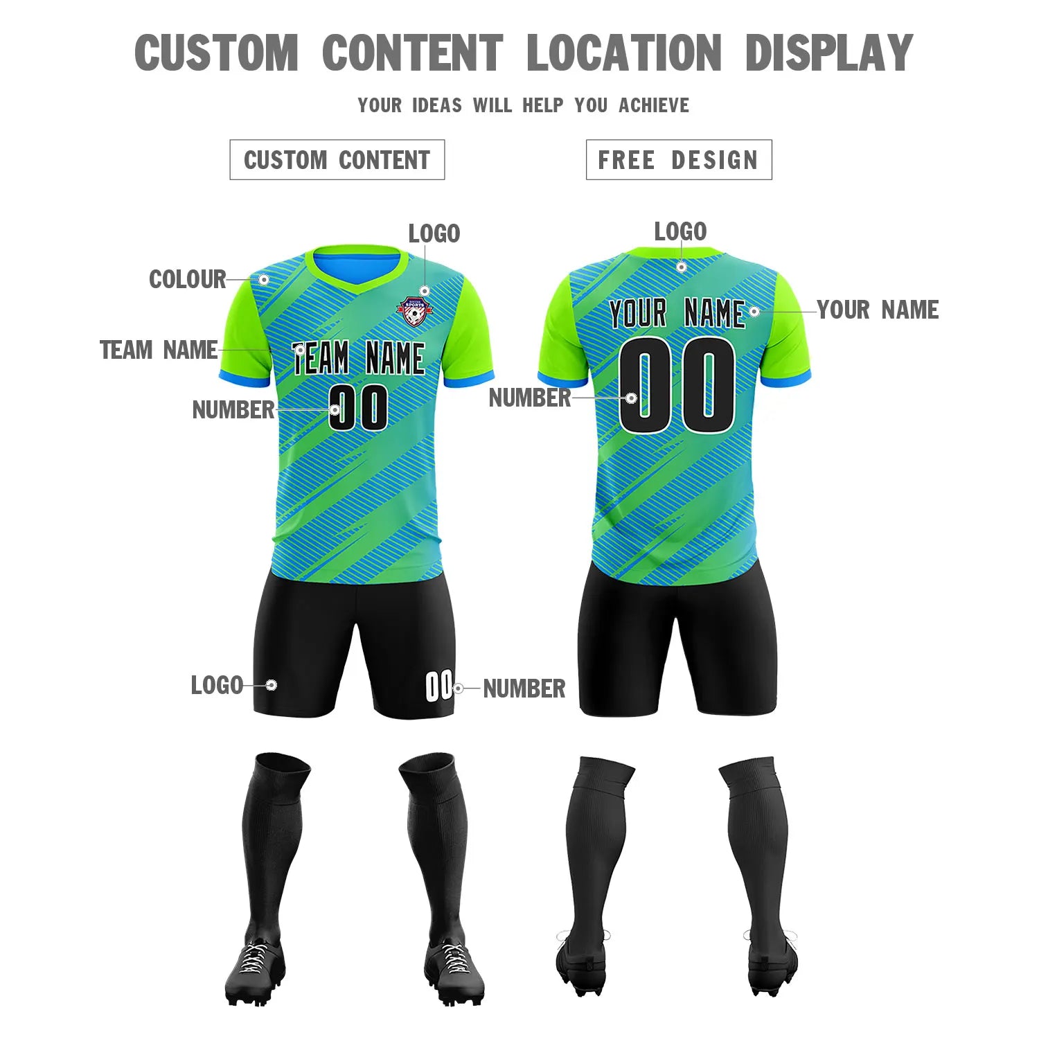 Custom Powder Blue Neon Green Casual Sport Soccer Sets Jersey