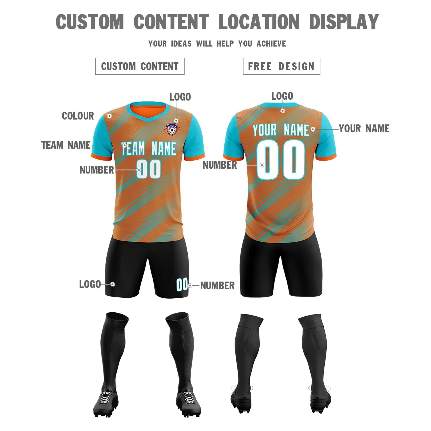 Custom Orange Aqua Casual Sport Soccer Sets Jersey