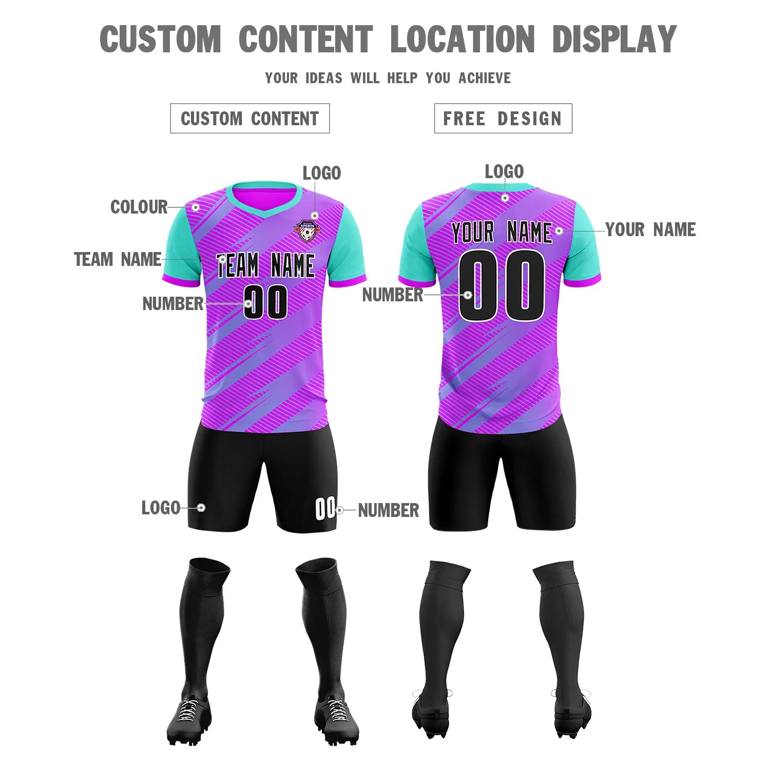 Custom Purple Bright Green Casual Sport Soccer Sets Jersey