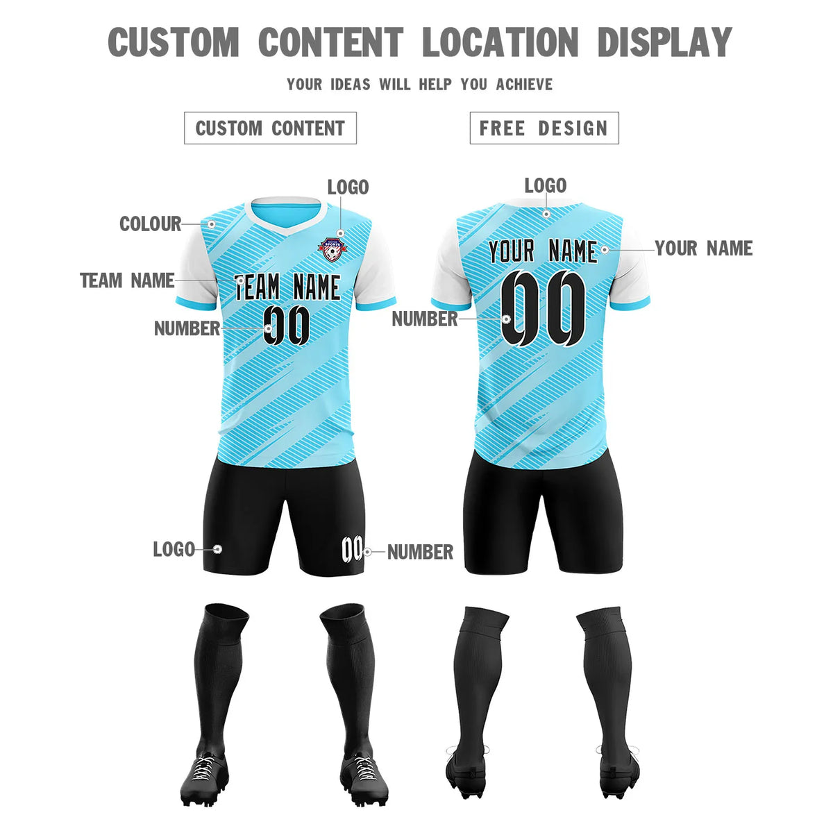 Custom Light Blue White Casual Sport Soccer Sets Jersey