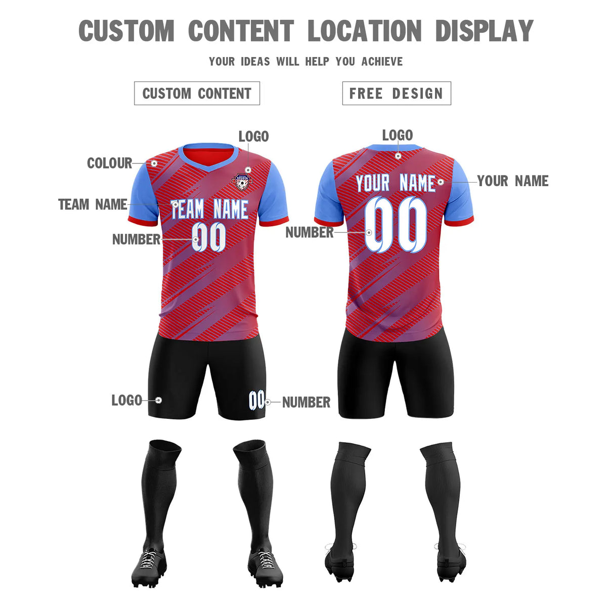 Custom Red Light Blue Casual Sport Soccer Sets Jersey