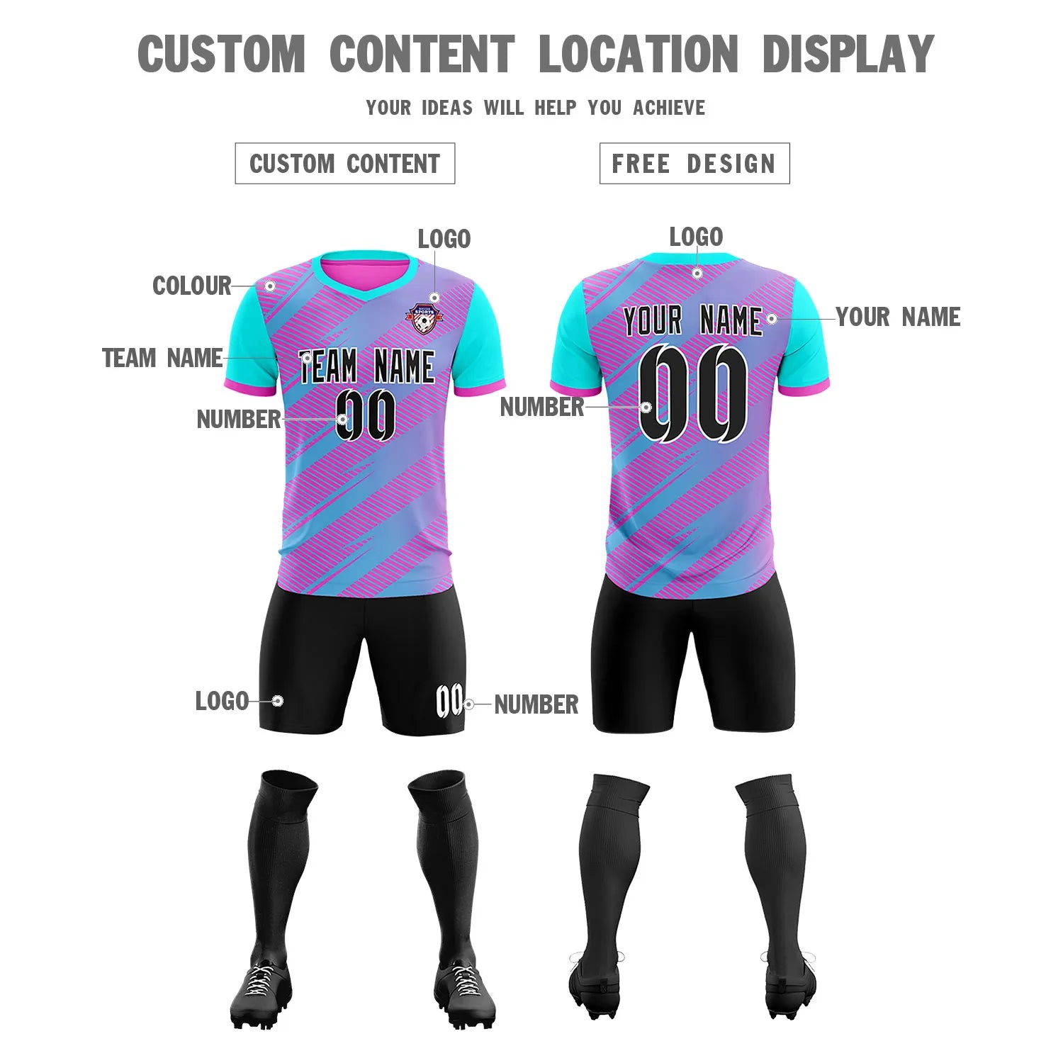 Custom Pink Sky Blue Casual Sport Soccer Sets Jersey