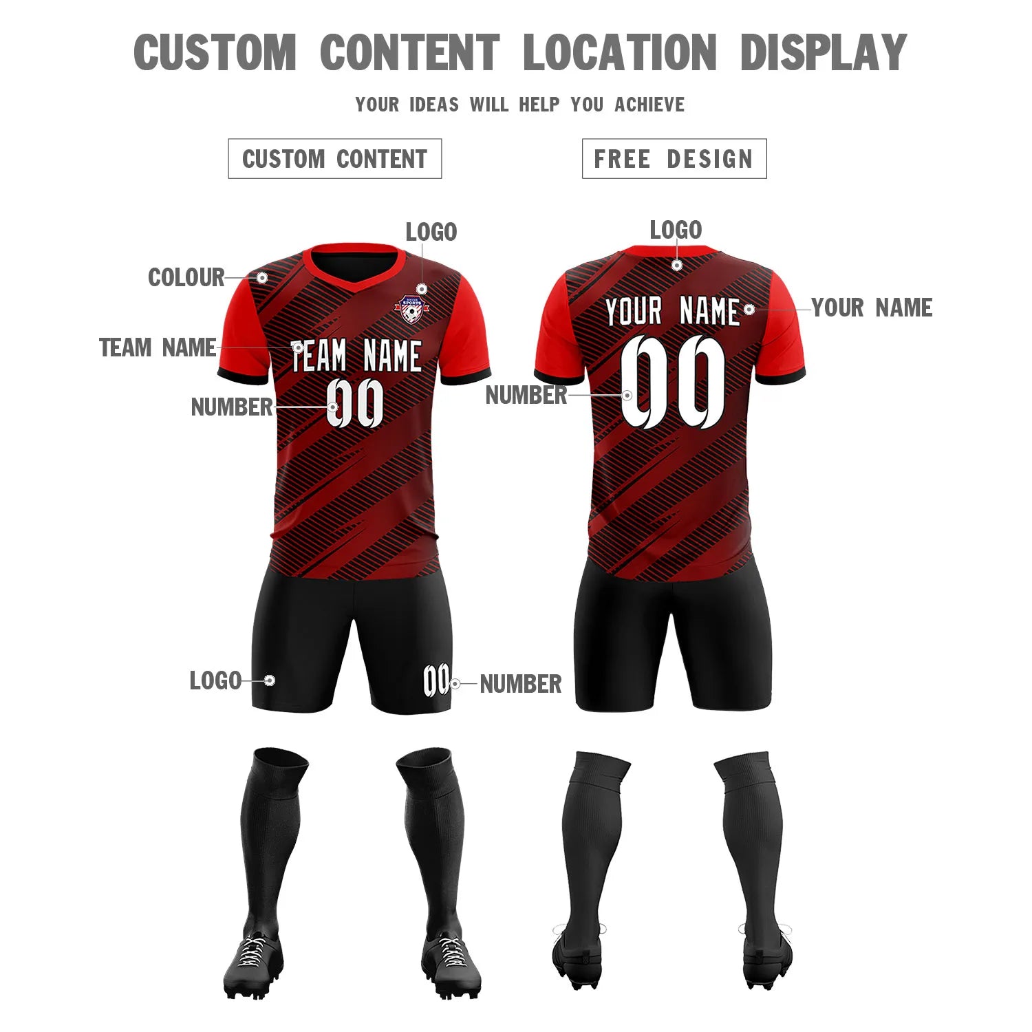 Custom Black Red Casual Sport Soccer Sets Jersey