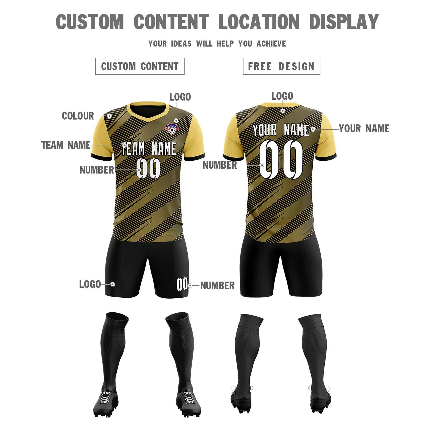 Custom Black Khaki Casual Sport Soccer Sets Jersey