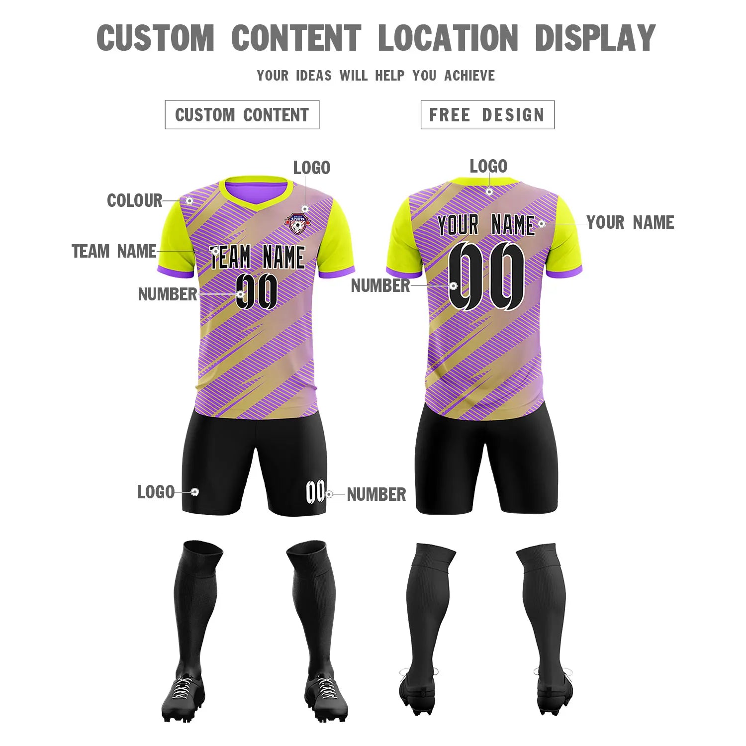Custom Light Purple Yellow Casual Sport Soccer Sets Jersey