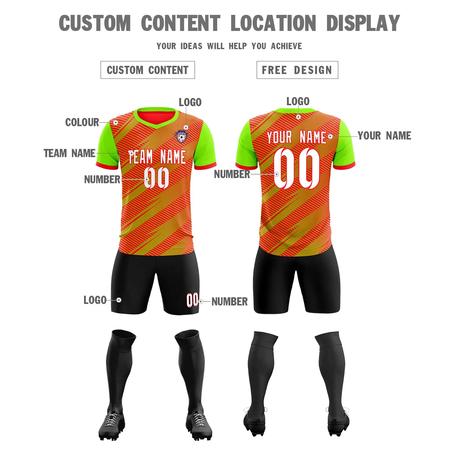 Custom Red Neon Green Casual Sport Soccer Sets Jersey