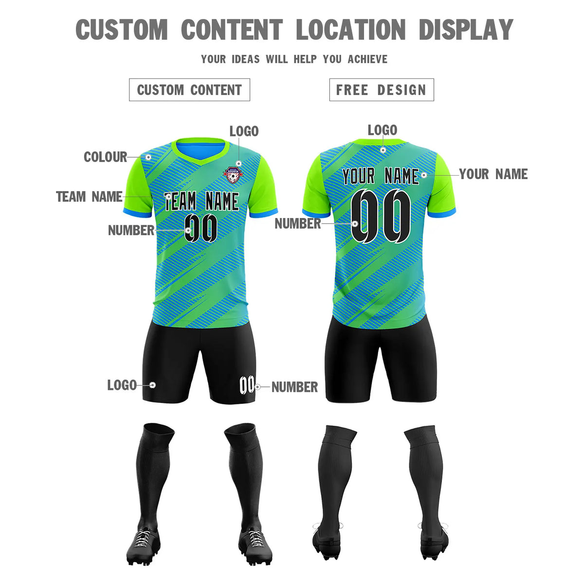 Custom Powder Blue Neon Green Casual Sport Soccer Sets Jersey