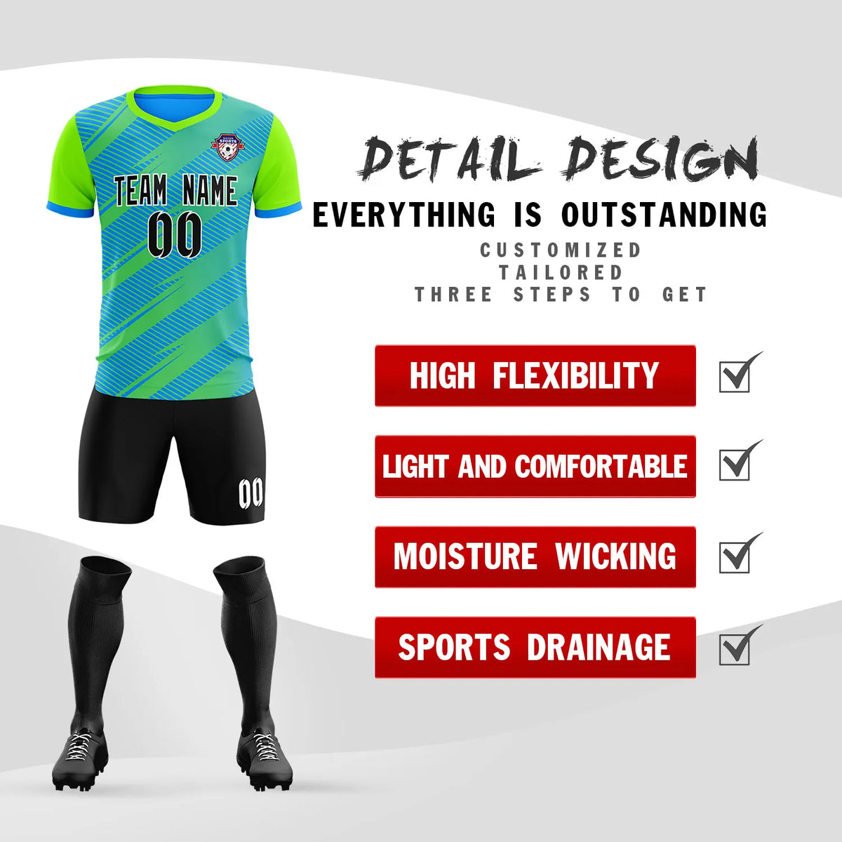 Custom Powder Blue Neon Green Casual Sport Soccer Sets Jersey